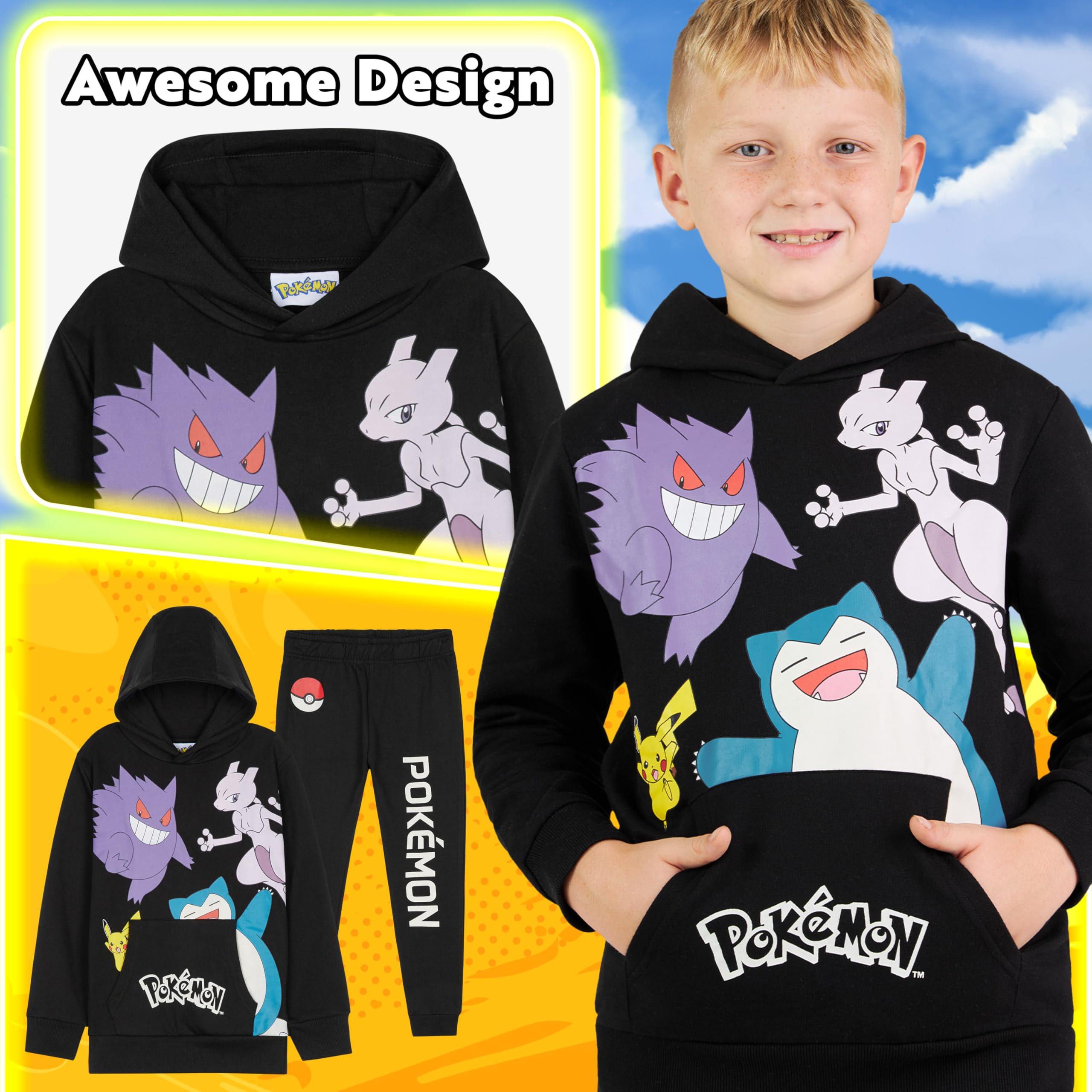 Pokemon Boys Tracksuit Set - Comfy Hoodie & Jogger Pants Outfit | Cute Cartoon Character Costume for Kids Birthday Gifts | Perfect for Playdates, School & Cosplay