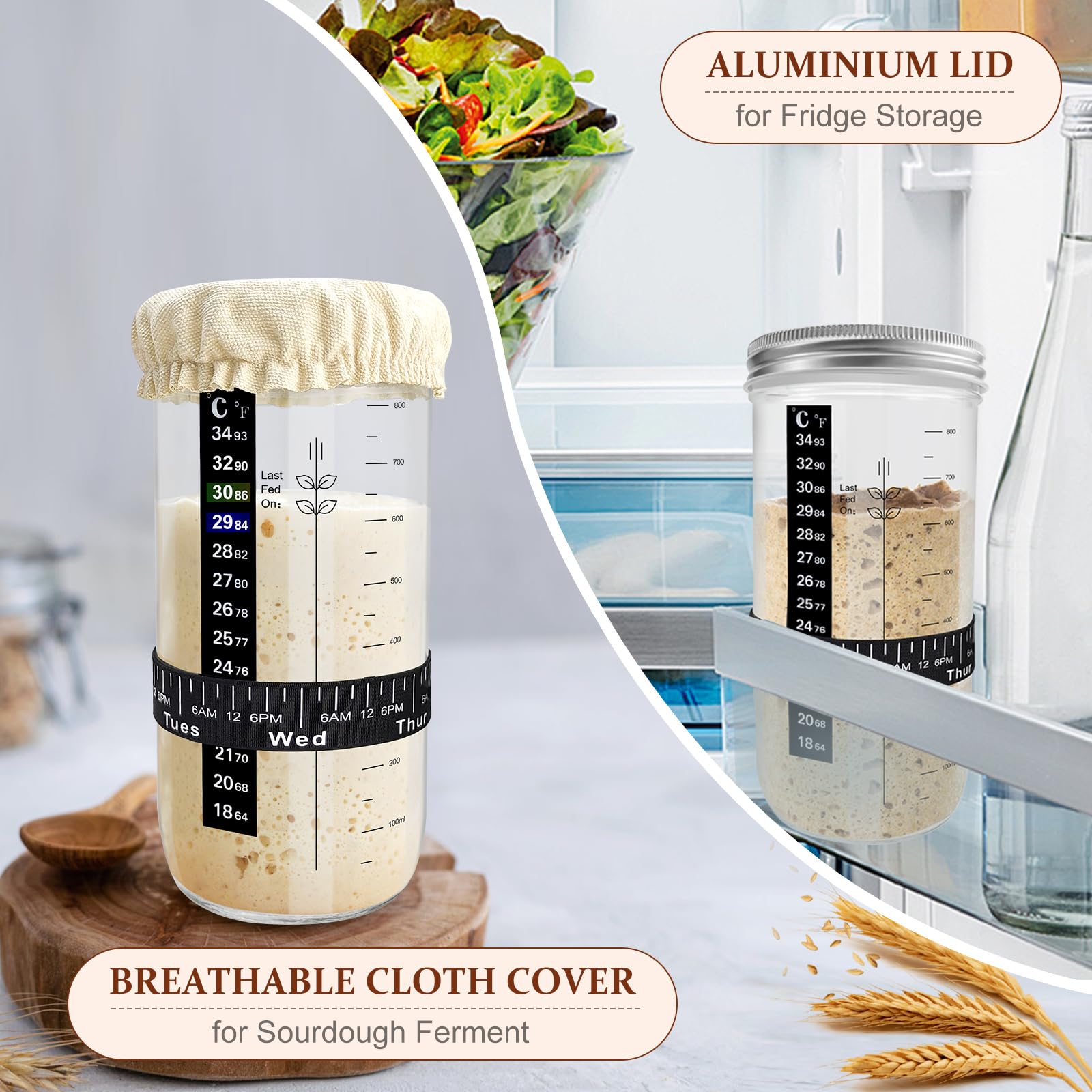 Organic Sourdough Starter Kit for Homemade Bread Baking - 34oz Glass Jar with Date Marker, Thermometer, Silicone Spatula & Lid - Perfect for Artisan Bread, Pizza Dough & Pastries | Home Baker Gift Idea