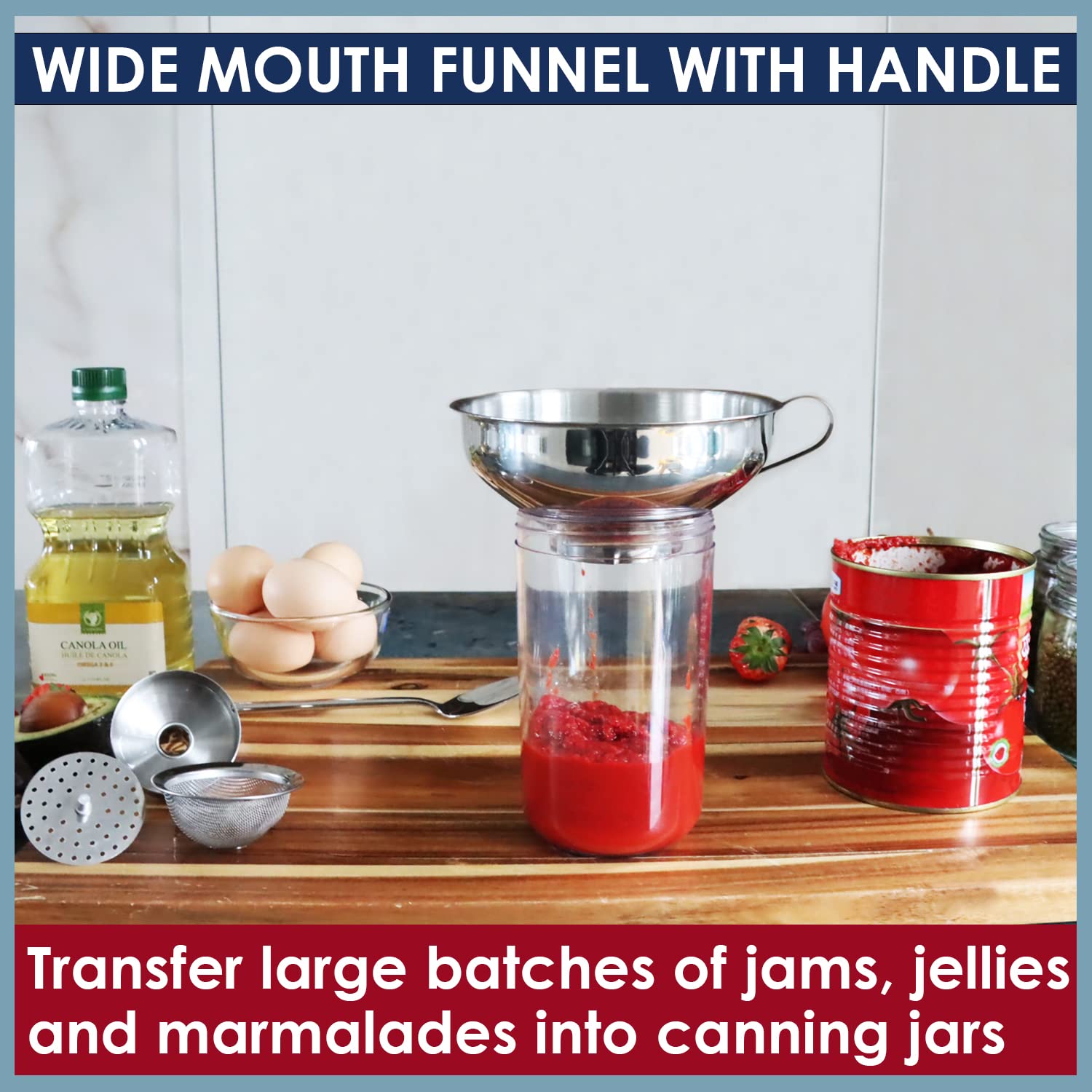 Premium Stainless Steel 4-Piece Funnel and Strainer Set - Wide & Narrow Mouth Canning Funnel for Mason Jars, Transferring Oils, Liquids, Dry Ingredients & Powder - Ideal for Home Canning, Cooking, Baking & DIY Projects