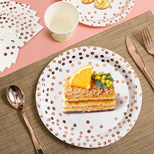 175-Piece Rose Gold Party Supplies Set - Plates, Napkins, Cups & Silverware for 25 Guests | Elegant Rose Gold Dot on White Design for Weddings, Bridal Showers, Engagements & Birthday Celebrations | Perfect for Elegant Dinner Parties & Special Occasions