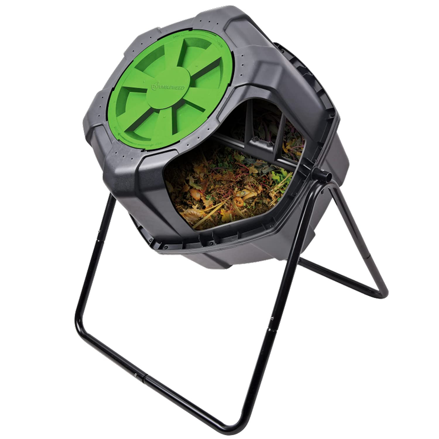 110L 29 Gallon Tumbleweed Compost Tumbler Bin - Black & Green Plastic Outdoor/Indoor Waste Container with Stand & Twist Lock Lid - Perfect for Garden Composting, Yard Waste Recycling & Eco-Friendly Home Use