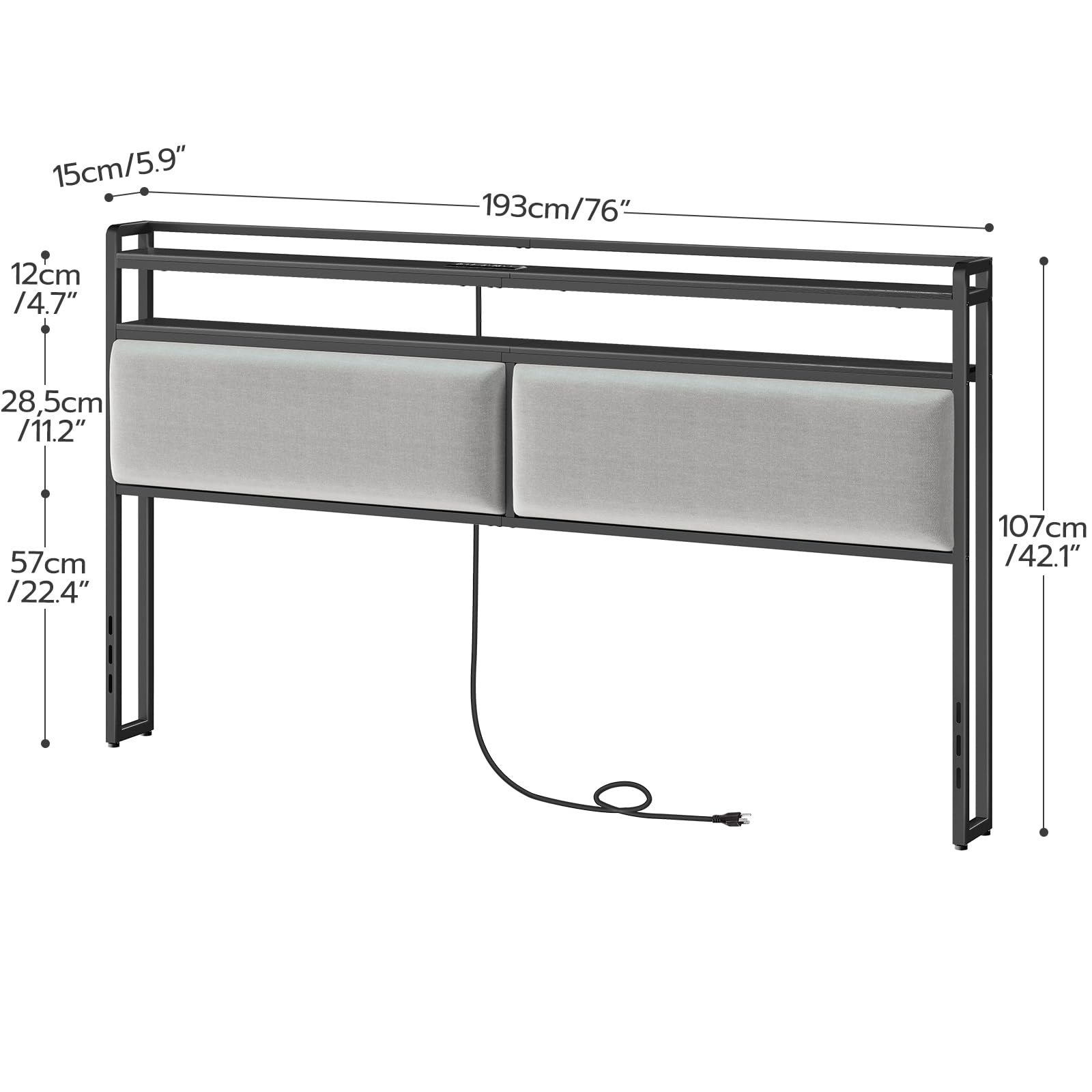 HOOBRO King Size Upholstered Storage Headboard with Charging Station, 2 Outlets & 2 USB Ports, Adjustable LED Lights - Easy Assembly, Black & Gray - Perfect for Bedroom Organization & Modern Home Decor