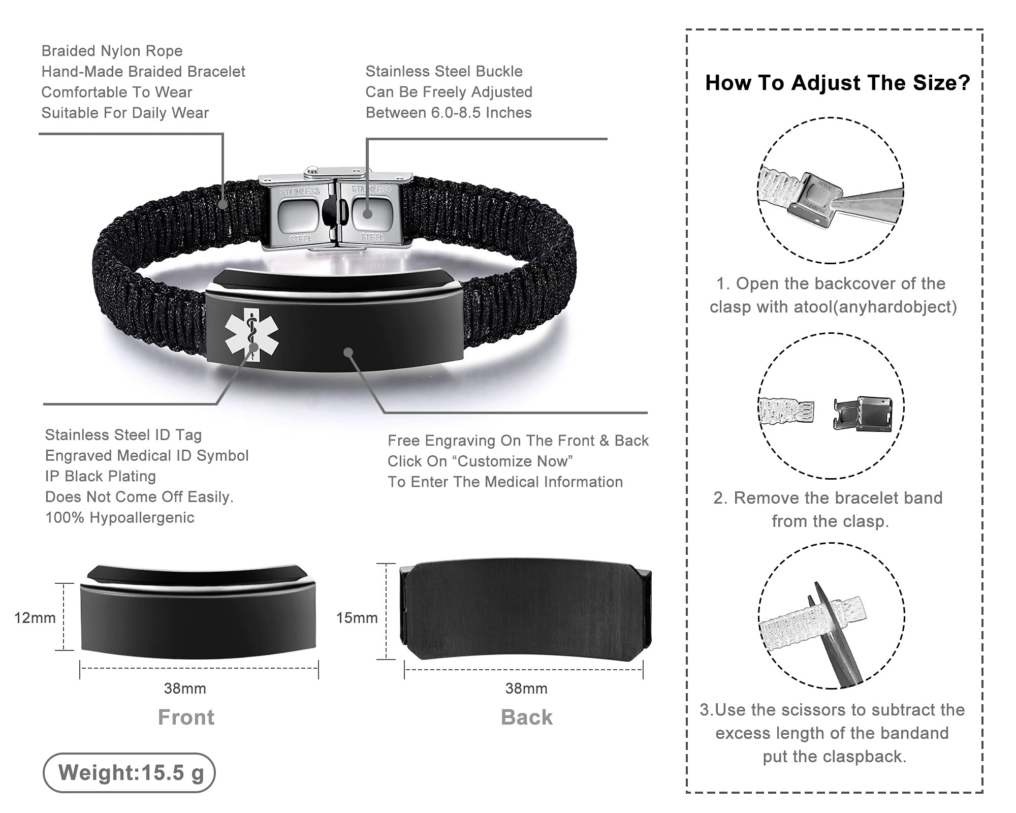Custom Medical Alert Bracelets for Women & Men - Personalized Emergency ID Bracelet with Handmade Braided Wristband & Free Engraving - Ideal for Diabetes, Allergies & Senior Safety