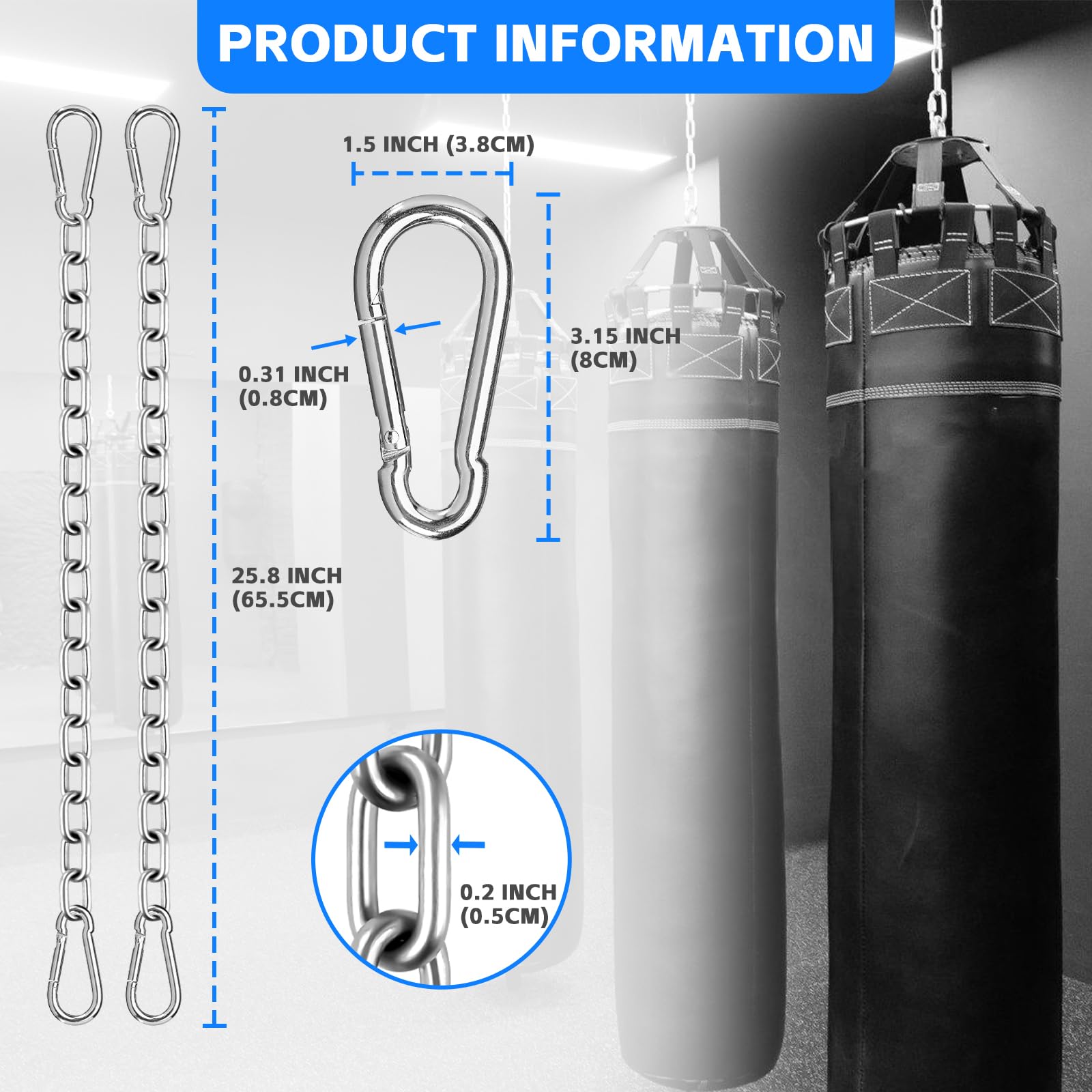 2 Pack Heavy Duty Punching Bag Chains - 550LB Capacity Hanging Swing Chain with 4 Carabiners - Durable Hammock Hardware Kit for Punching Bags, Swing Chairs, Hammocks & Trapeze Yoga - Perfect for Indoor & Outdoor Gym, Backyard, Garage & Martial Arts Training