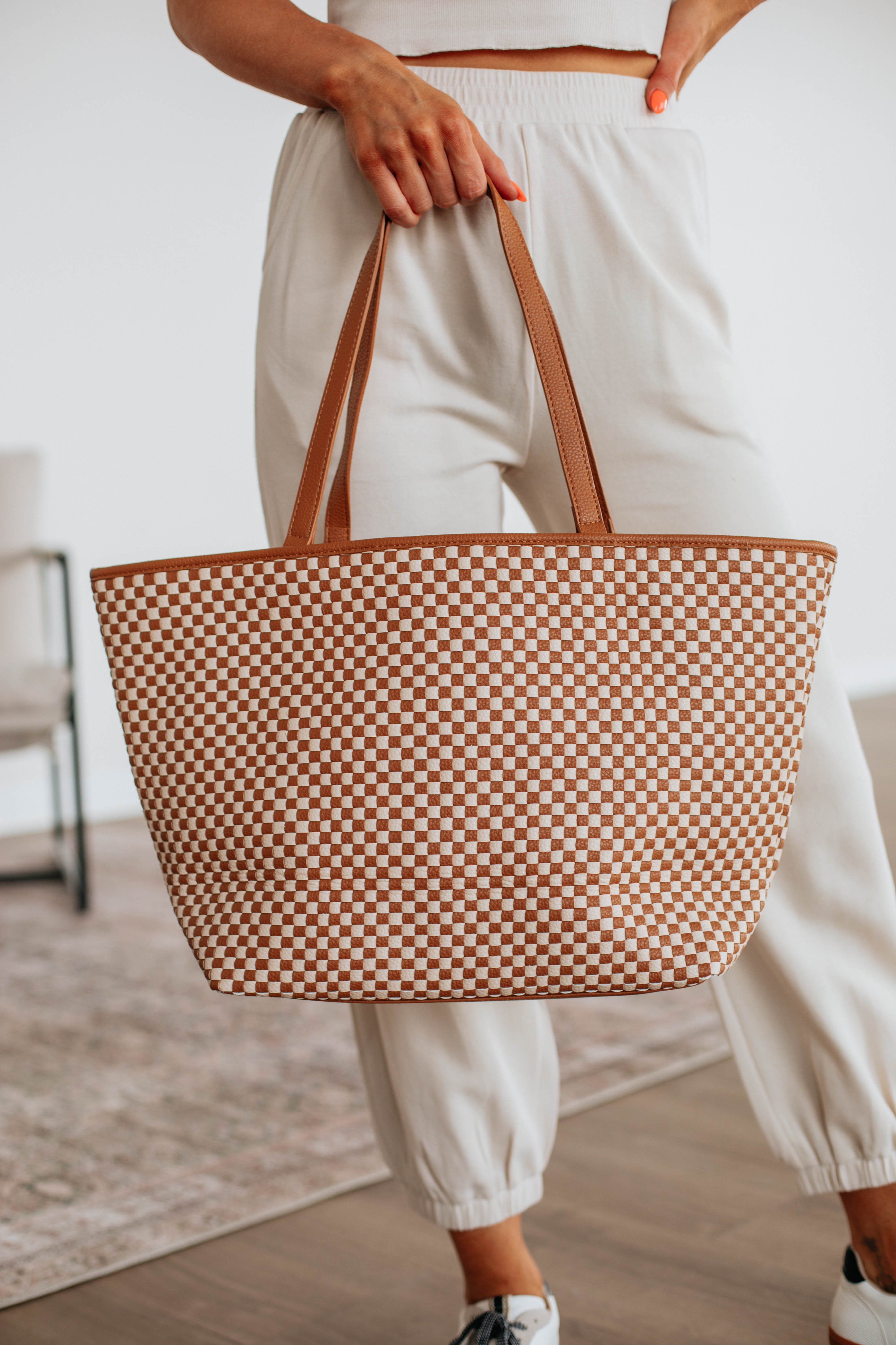 Stylish Keeley Checkered Tote Bag for Women - Premium Cognac Brown Leather Handbag - Perfect for Work, Travel & Everyday Use