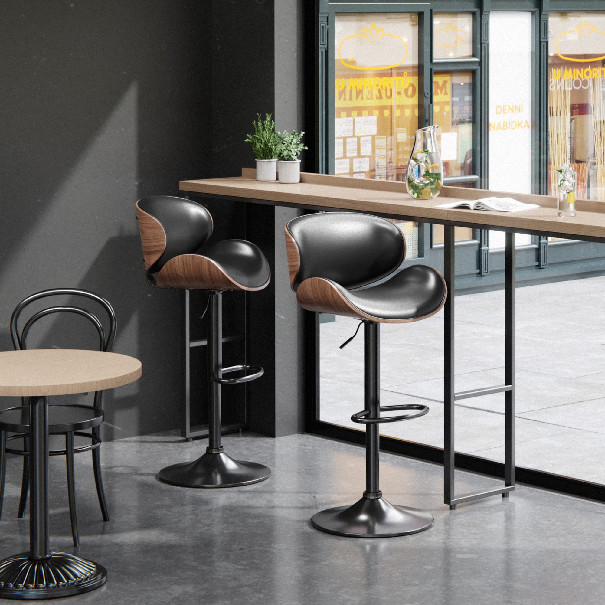 ONME Adjustable Height Swivel Bar Stools Set of 2 - PU Leather Upholstered Counter Stools with Back Support & Footrest - Modern Bar Chairs for Kitchen Island, Home Bar, Dining Room & Breakfast Nook - Dark Black