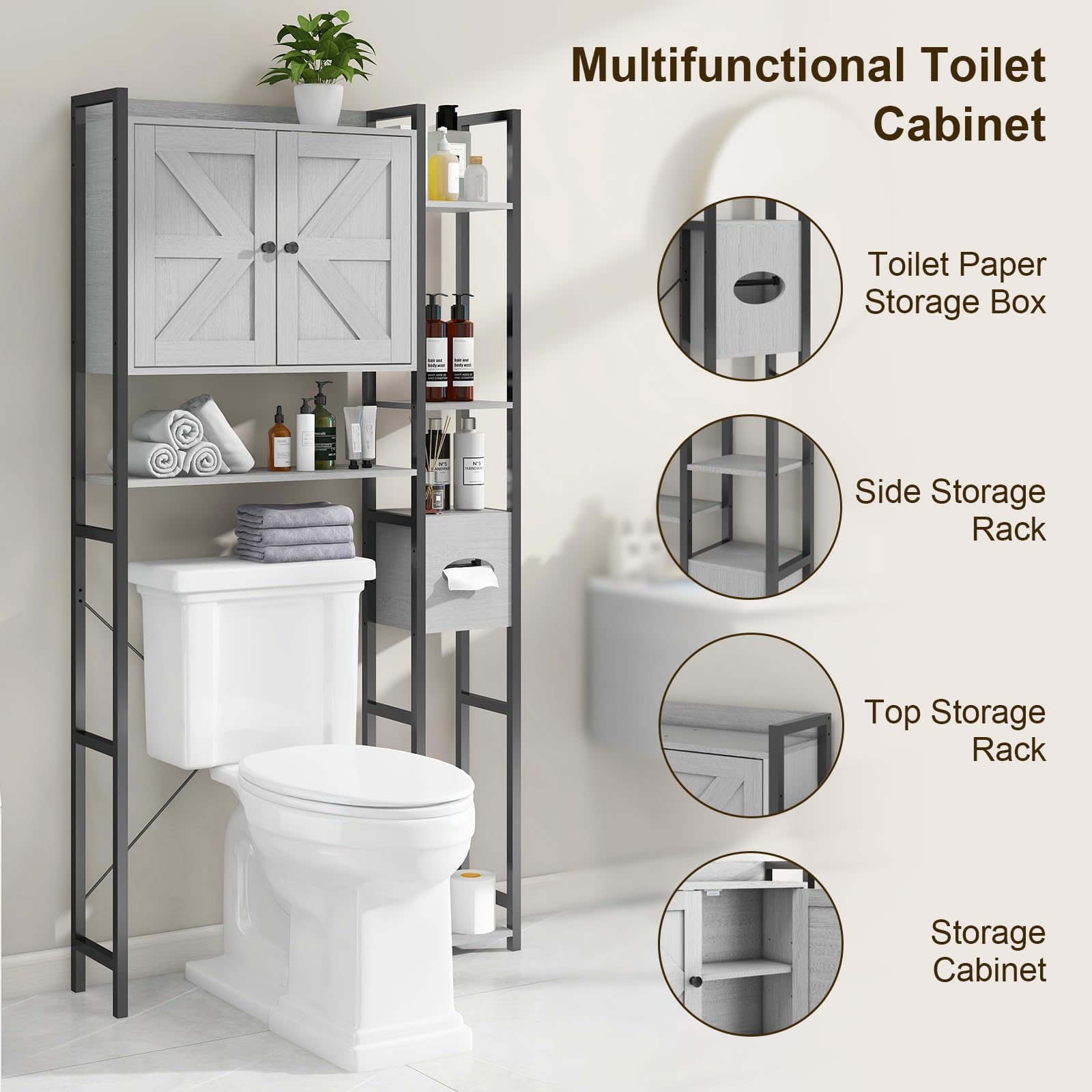 Grey Over The Toilet Storage Cabinet with 2 Doors & Multi-Layer Shelves - Space Saving Bathroom Organizer for Small Spaces, Laundry Room & Closet Storage - Perfect for Towels, Toiletries & Cleaning Supplies