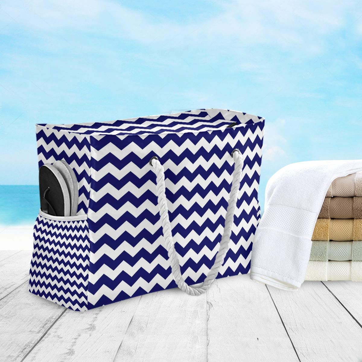 Waterproof Beach Tote Bag with Zipper Closure & Long Rope Handles - Large Capacity Patterned Tote for Women - Perfect for Pool, Travel, Shopping & Summer Outings