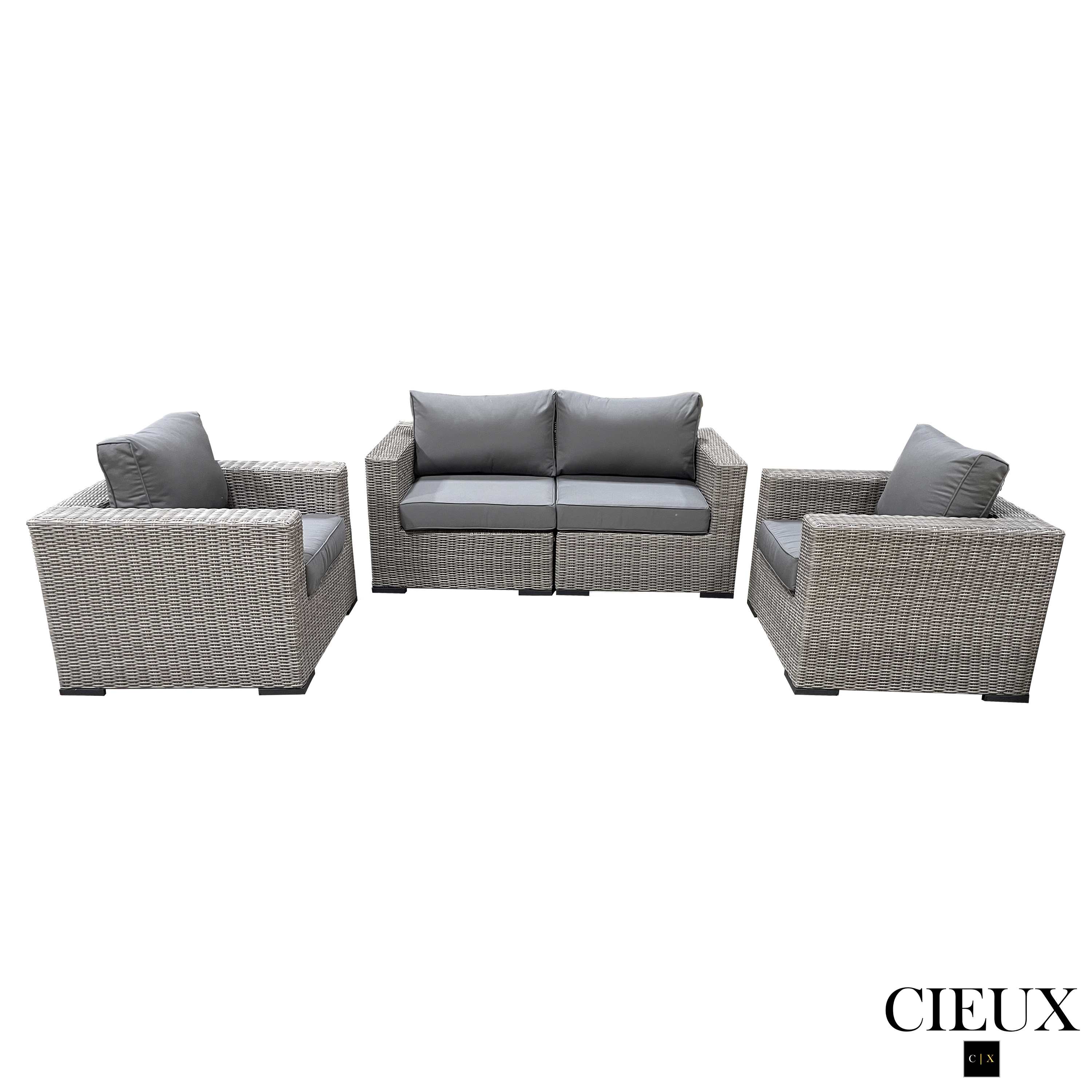 Riviera Outdoor Patio Wicker Loveseat and 2 Club Chairs Set - Grey Wicker Furniture with Sunbrella Canvas Charcoal Cushions - Perfect for Backyard, Garden, and Poolside Relaxation