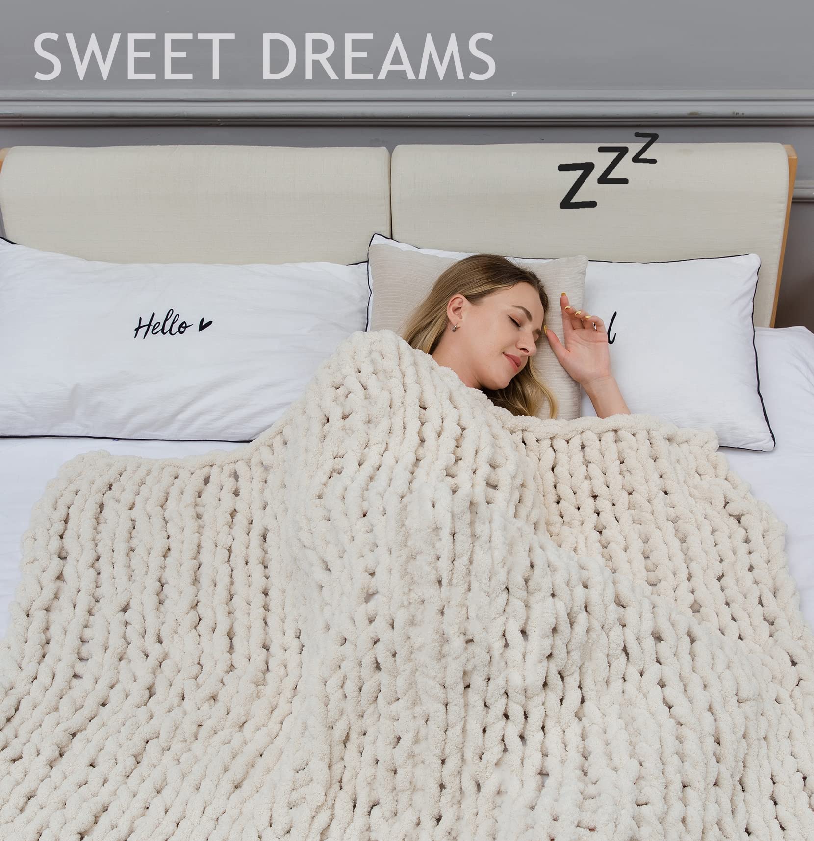 Alzoear Chunky Knit Throw Blanket - Chenille Handmade Cozy Warm Blanket for Sofa, Bedroom & Home Decor (Beige, 60