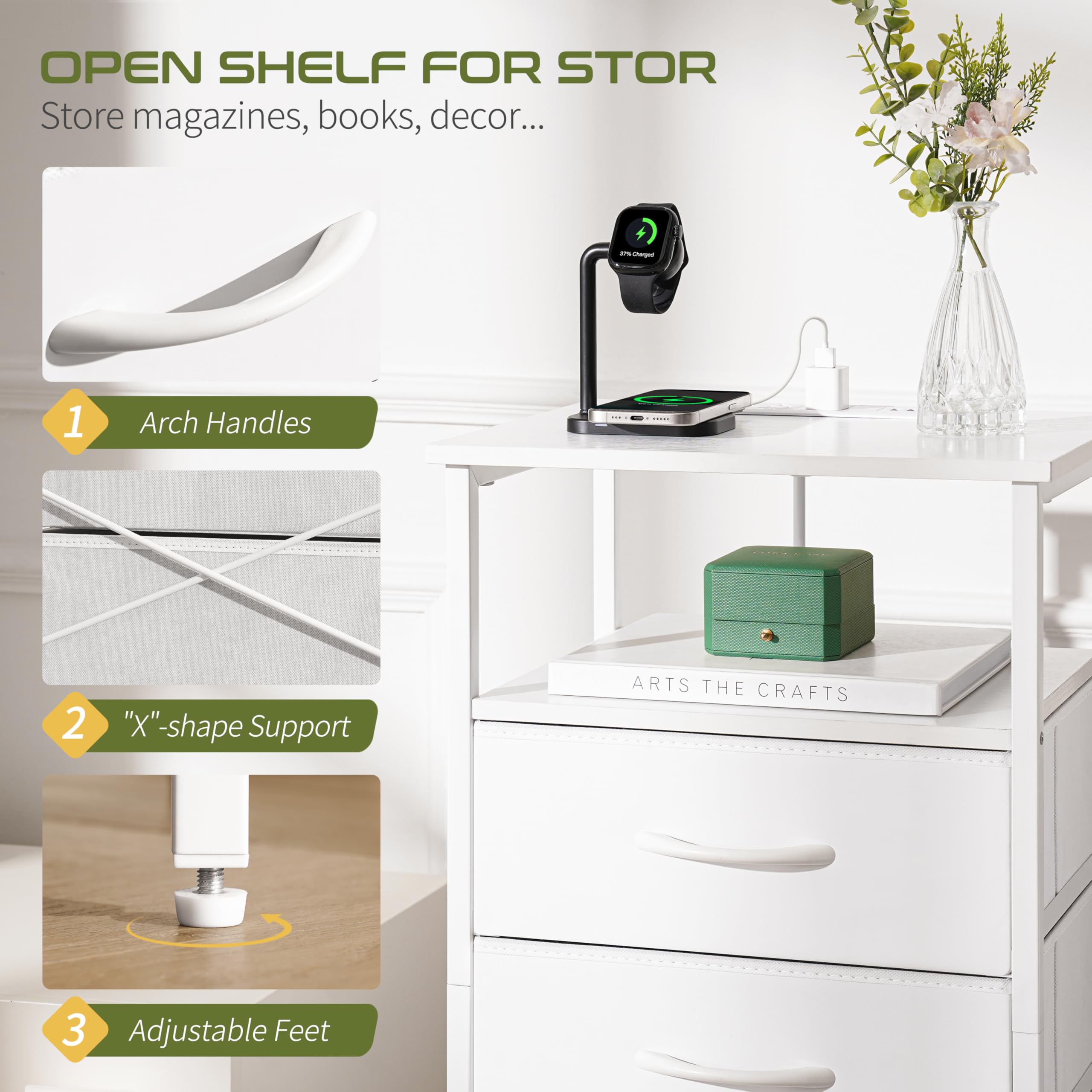 Yoobure 5-Drawer Fabric Dresser with Charging Station & LED Light - Tall Bedroom Nightstand, Vertical Storage Chest for Closet, Dorm, Living Room - Perfect Bedside Table for Organizing Clothes, Books & Electronics