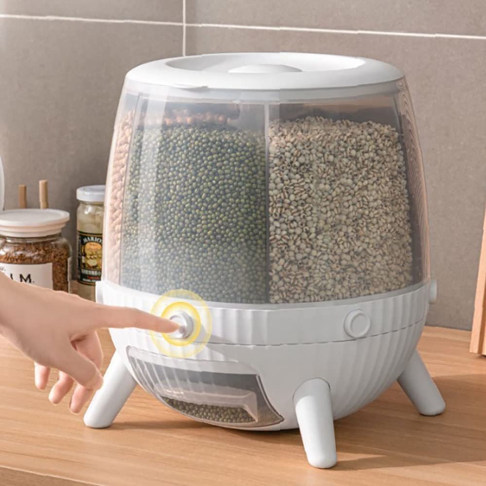 KouRy Automatic Rotating Rice Dispenser - 5L White Cereal Storage Container for Kitchen, Pantry Organization & Dry Food Dispensing - Perfect for Grains, Rice, Cereal, Pasta, Pet Food & More