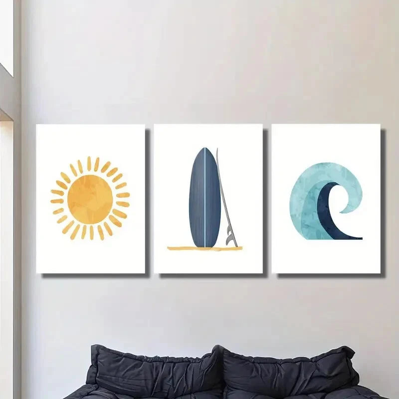 3-Piece Orange Sun & Blue Surfboard Wall Art Set - Framed Canvas 40x60cm - High Quality Print - 100% Australian Made - Ready to Hang - Perfect for Beach House, Living Room & Bedroom Decor