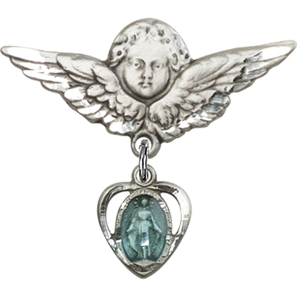 1 X 1 1/8 Inch Sterling Silver Baby Badge with Blue Heart, Miraculous Charm & Angel Wing Pin - Perfect for Christening Gifts, Baby Showers & Keepsakes