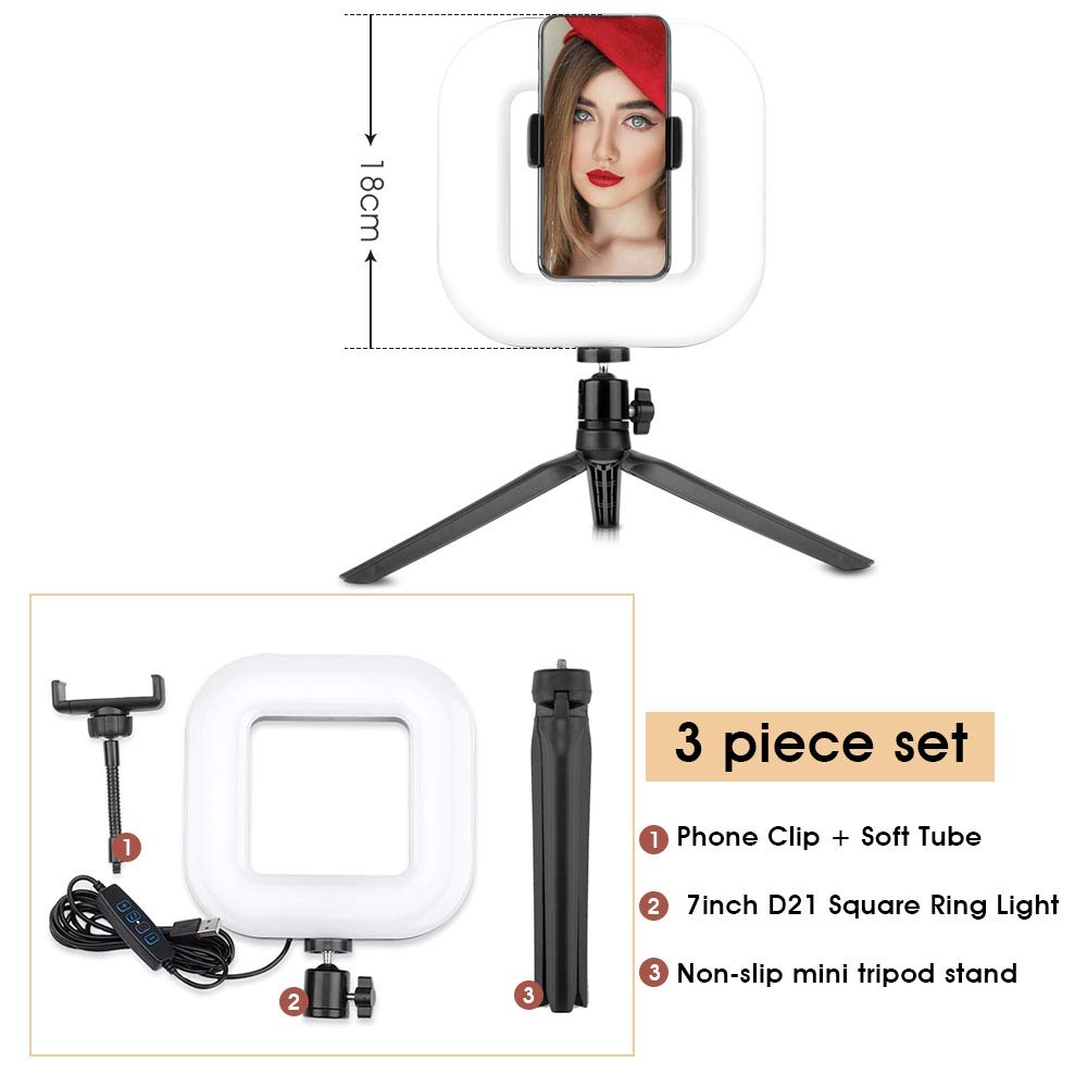 Oikabio D21 7-Inch LED Square Fill Light with 3 Brightness Levels, USB-Powered Foldable Phone Tripod Stand - Perfect for YouTube Videos, TikTok Live Streaming & Product Photography