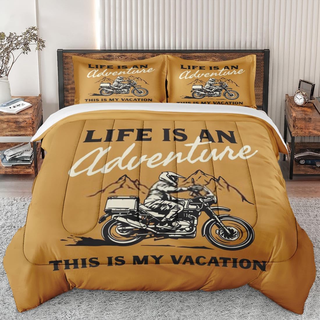 Full Size Vintage Adventure Motorcycle Comforter Set - Soft Retro Motocross Bedding with 2 Pillowcases for Kids & Adults | Perfect for Bedroom Decor & Themed Motorcycle Enthusiast Rooms