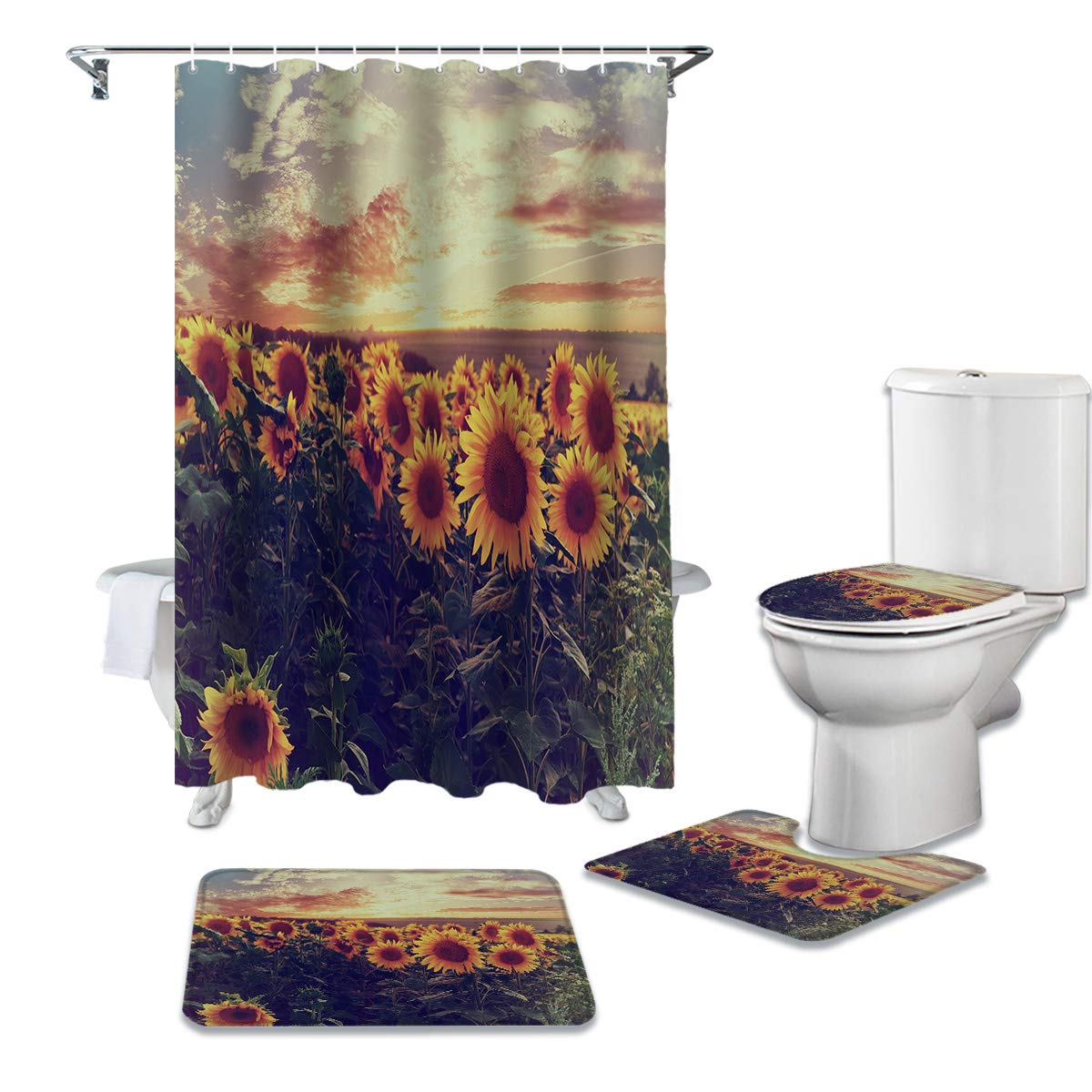 4-Piece Sunflower Shower Curtain Set with Sunset Landscape - Includes Non-Slip Bath Mat, U-Shaped Rug, Toilet Cover & Waterproof 36x72 Inch Curtain with Hooks - Perfect for Bathroom Decor & Home Spa Retreat