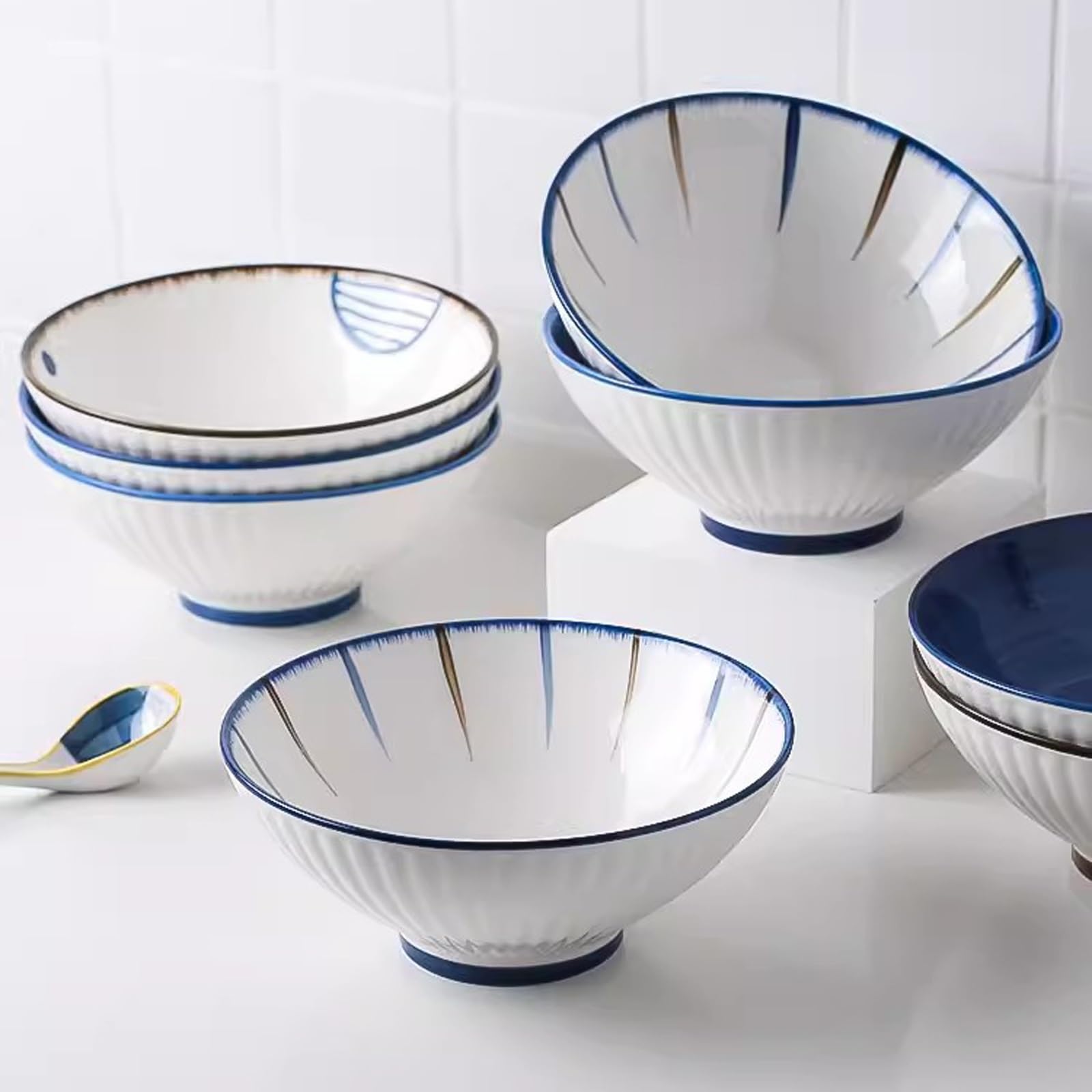 8 Inch Ceramic Salad Bowls - Large Noodle & Soup Bowls for Ramen, Pho, Pasta - Bamboo Hat Trumpet Design - Perfect for Home, Kitchen, Restaurant & Meal Prep
