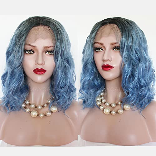 Maycaur Short Bob Wavy Lace Front Wig - Black & Blue Body Wave Synthetic Hair with Glueless Lace | Heat Resistant Soft Fiber for Women | Perfect for Cosplay, Fashion Shows & Daily Wear