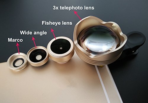 Ultra HD 4-in-1 Professional Phone Lens Kit - 180° Fisheye Lens, 0.63x Wide Angle Lens, 15x Macro Lens & 3x Telephoto Lens with Universal Clip for iPhone 5S/SE/6/6S Plus, Samsung S6/S7 Edge - Perfect for Travel Photography, Vlogging & Close-up Shots