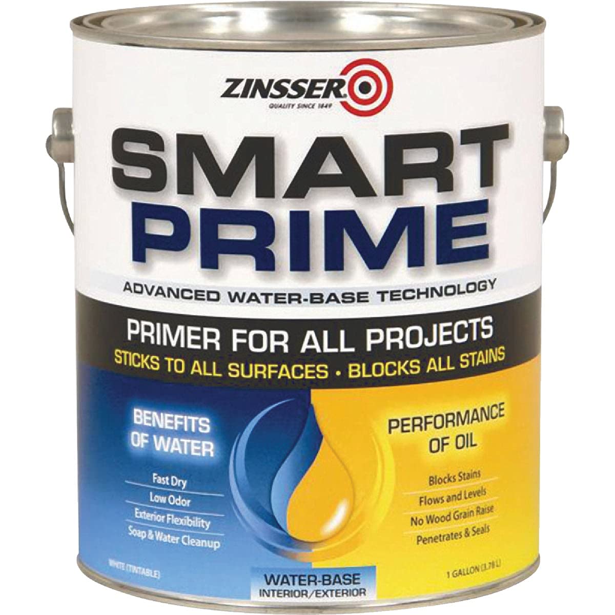 Zinsser 249729 1 Gallon Smart Prime Primer - Interior/Exterior Stain-Blocking Paint Primer for Walls, Wood & Metal - Perfect for Home Renovation & DIY Projects