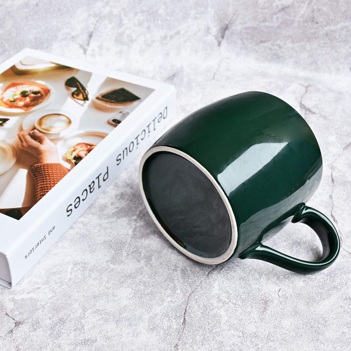 Premium Ceramic Coffee Mug with Spoon - 14oz Green Tea Cup for Office & Home Use - Dishwasher & Microwave Safe - Glossy Finish - Ideal for Coffee, Tea, Hot Chocolate & Soups (1 Pack)