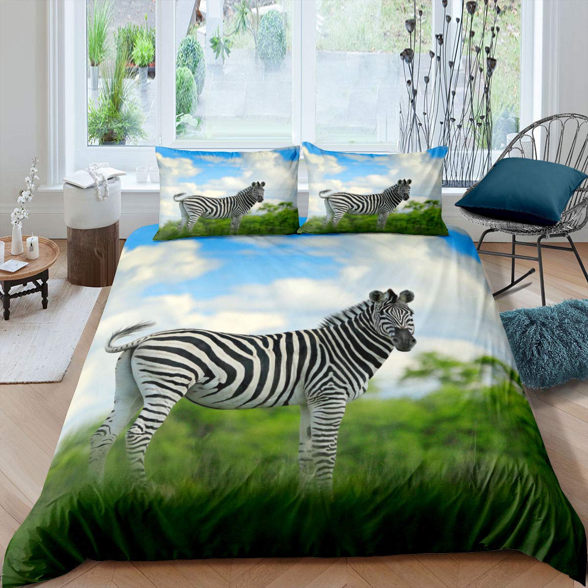 Single Zebra Duvet Cover Set - Twin Size Wildlife Animal Print Bedding for Teens & Kids | Soft Sky Blue & White Cloud Design | Modern Grassland Nature Theme | Includes 2pc Quilt Cover | Perfect for Kids' Rooms, Teen Bedrooms & Wildlife Themed Decor