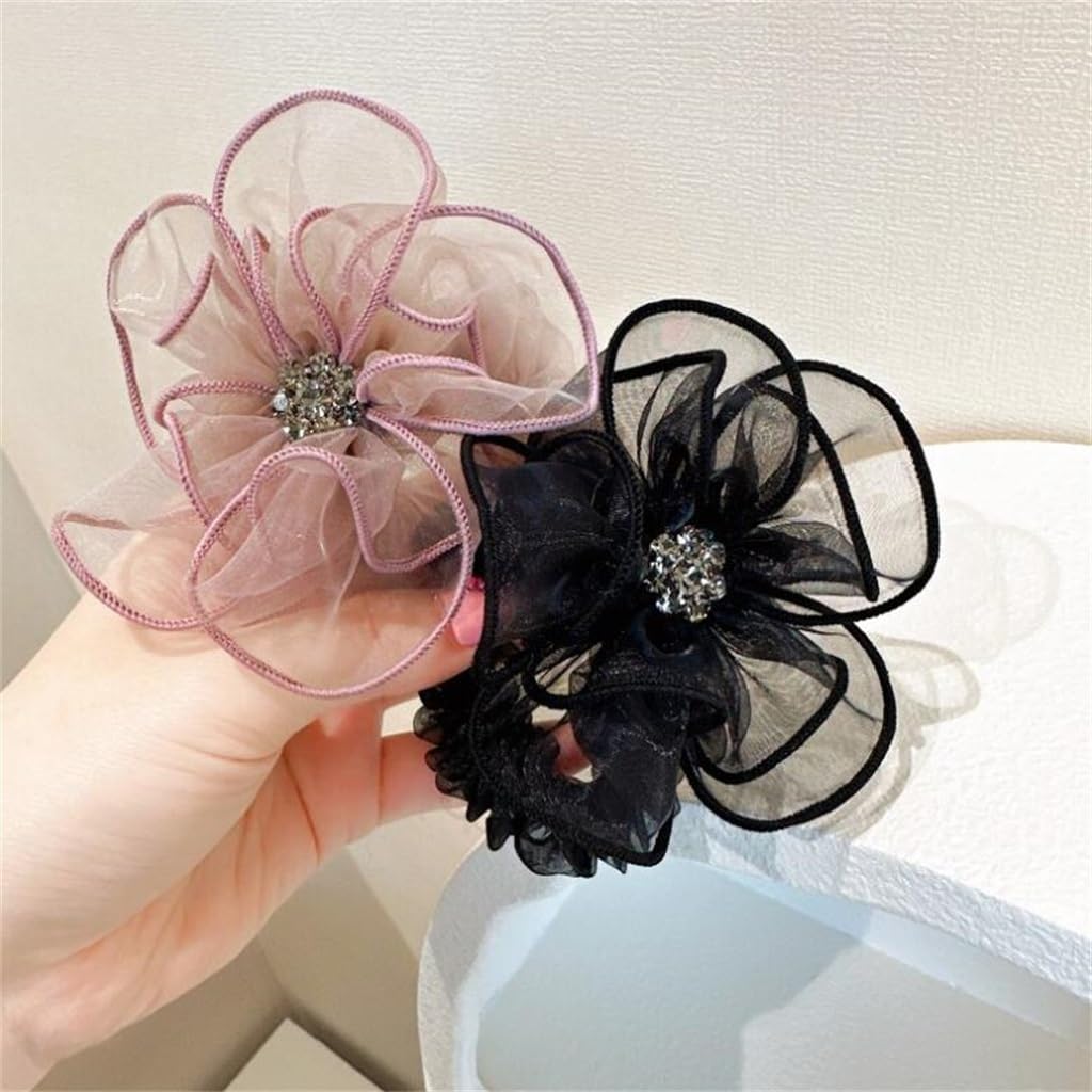 2 Sets Elegant Mesh Rhinestone Hair Accessories - Flower Hair Loops, Tie Hair Ropes & Headbands for Women & Girls | Perfect for Weddings, Parties & Daily Styling