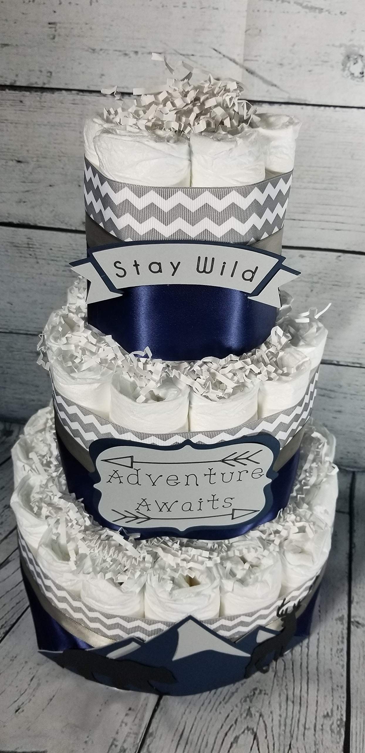 3 Tier Mountain Diaper Cake for Baby Shower - Blue Boy Baby Shower Gift, Diaper Tower Centerpiece for Nursery Decor & Gender Reveal Party