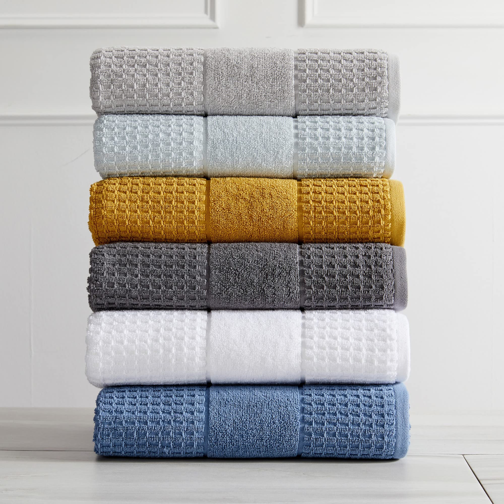 Luxury 100% Cotton Super Soft Bath Towel Set - Quick-Dry, Highly Absorbent Waffle Textured Towels (550 GSM) | 2 Bath Towels, 2 Hand Towels & 2 Washcloths | Harper Collection in White | Perfect for Spa, Bathroom & Hotel Use
