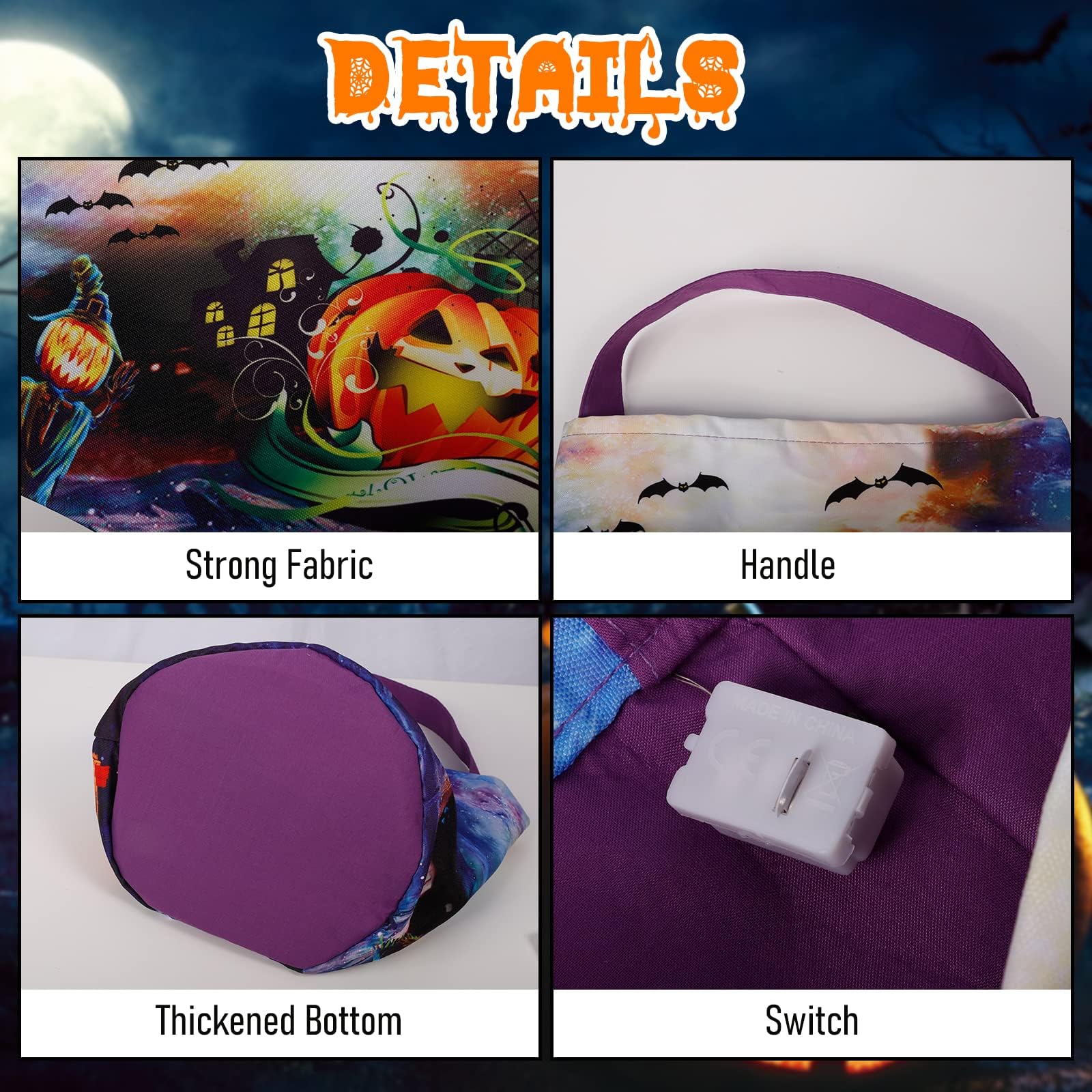 LED Light Up Halloween Trick or Treat Pumpkin Bucket - Collapsible Reusable Candy Basket for Kids, Fabric Gift Goody Bags - Perfect for Halloween Parties, Trick-or-Treating & Holiday Decor (Purple)