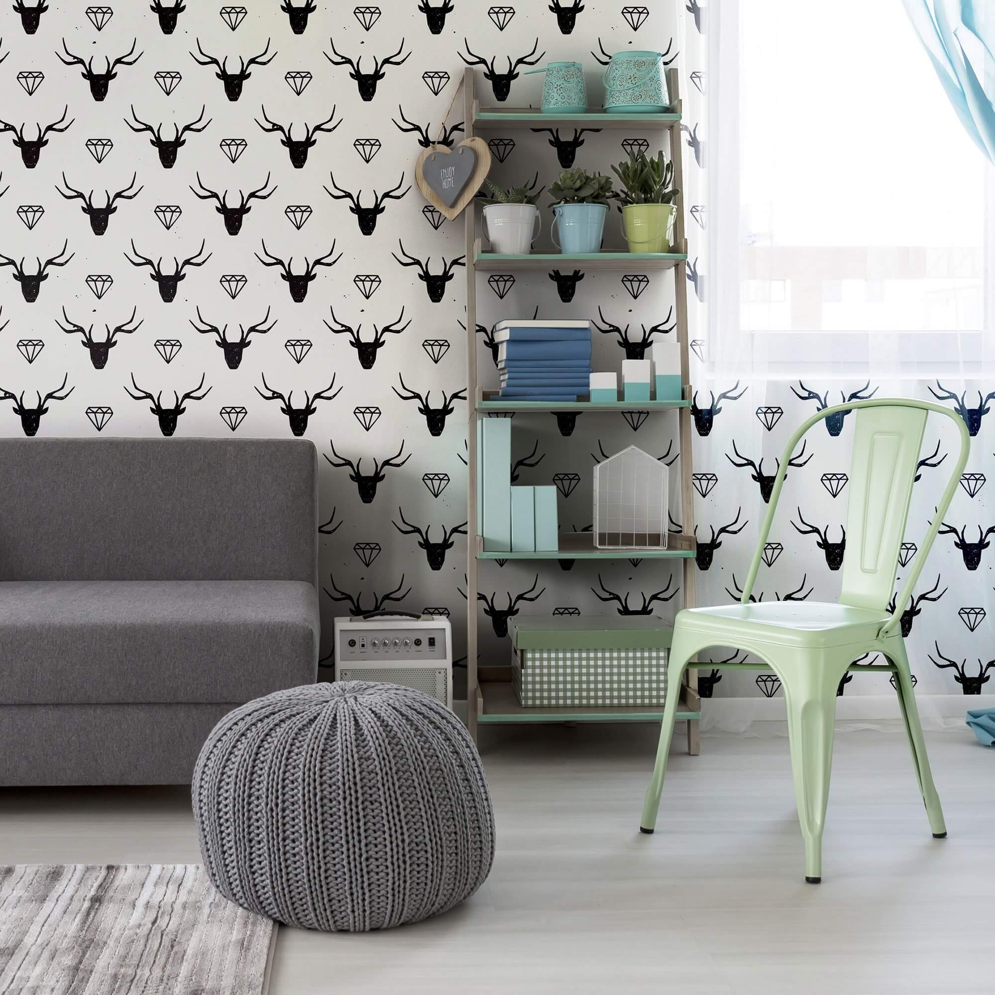Black and White Deer Animal Peel and Stick Removable Wallpaper - Self-Adhesive Decorative Vinyl for Bedroom, Nursery, Living Room & Office Decor