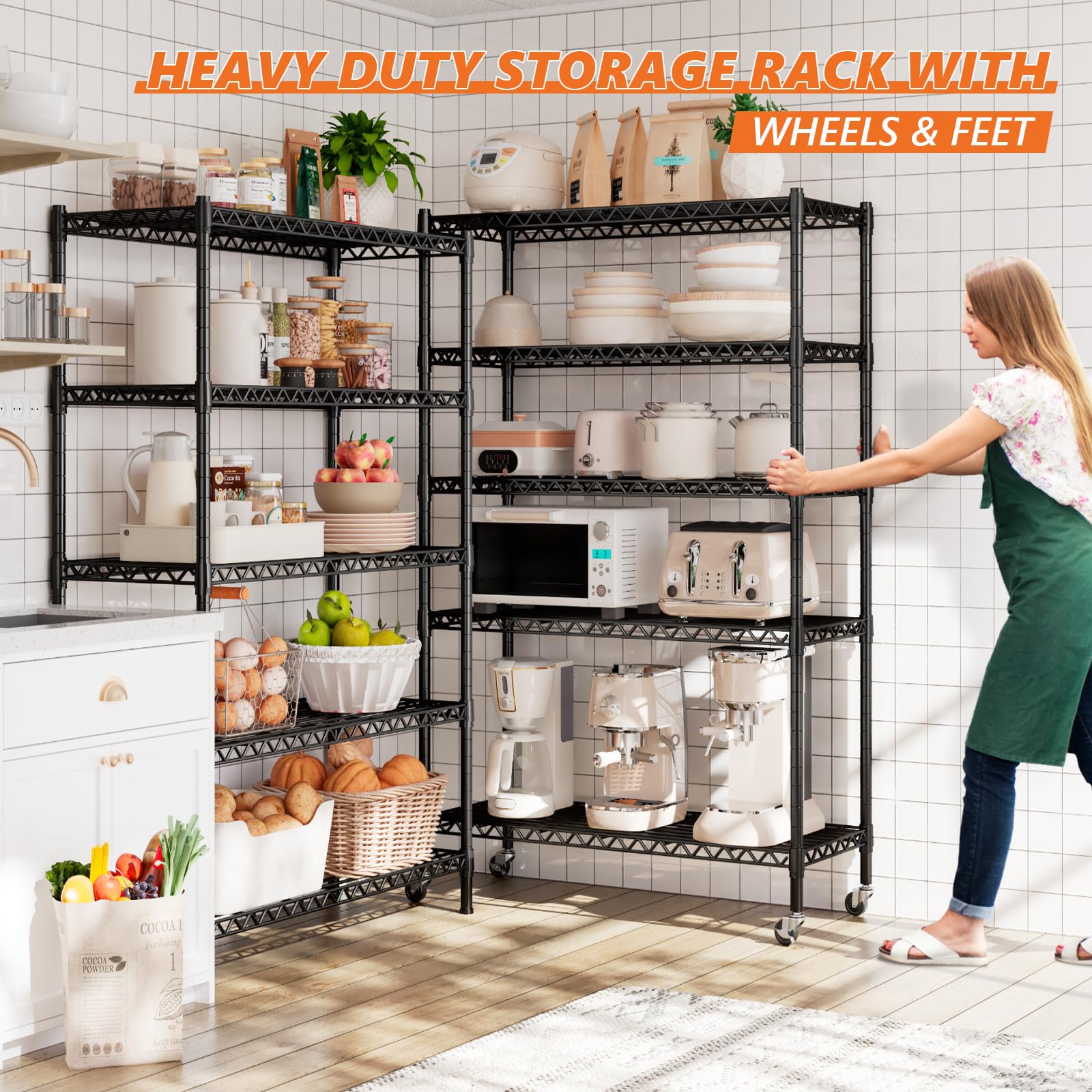 REIBII 5-Tier Adjustable Metal Wire Shelving Unit with Wheels & Feet - 15.7