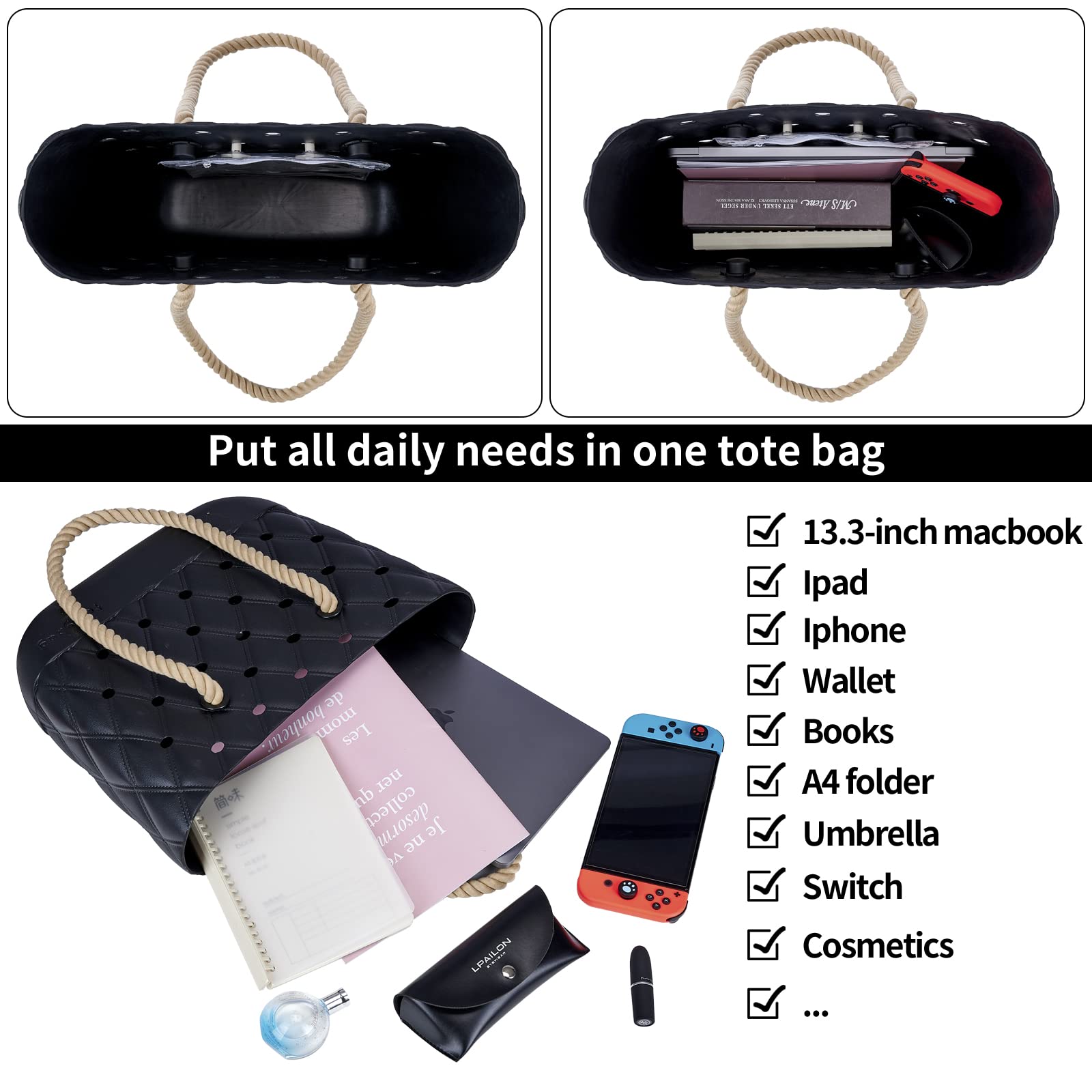 Waterproof Beach Tote Bag - Durable EVA Open Handbag for Swimming, Pool, Gym & Travel - Lightweight Washable Sports Bag with Drain Holes | Perfect for Beach Days, Boat Trips & Workout Sessions