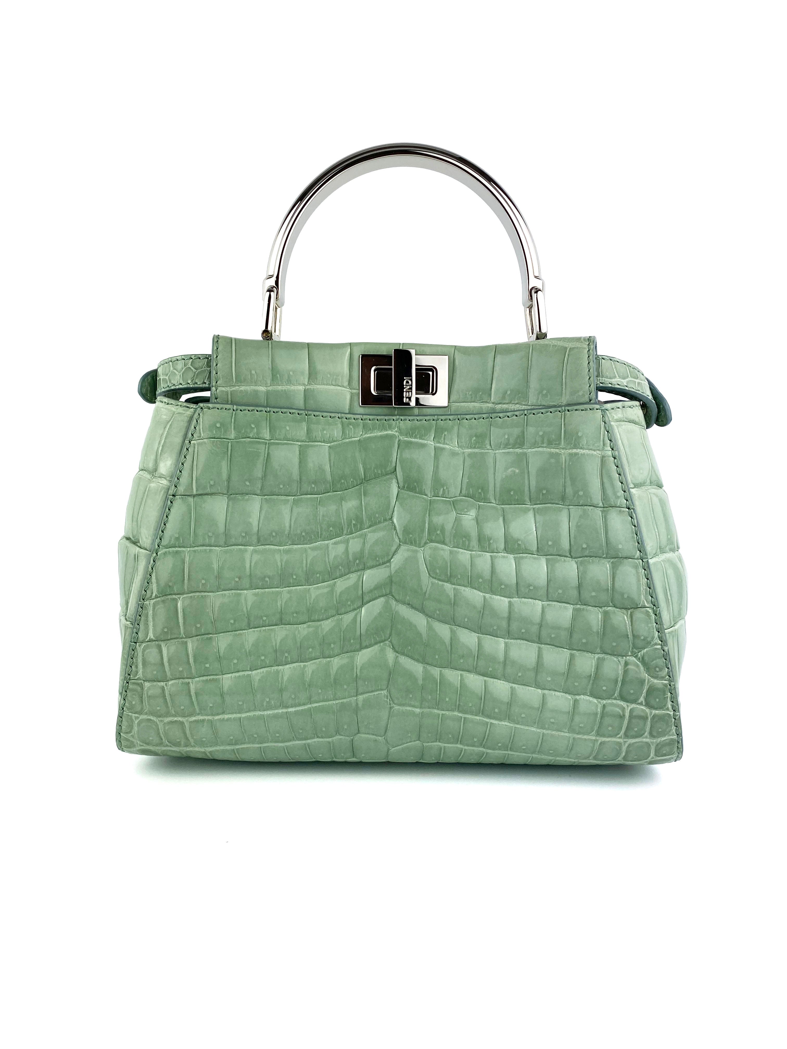 Fendi Peekaboo Mini Handbag in Mint Green Genuine Crocodile Leather - Luxury Crossbody Purse for Women, Perfect for Date Night & Special Occasions