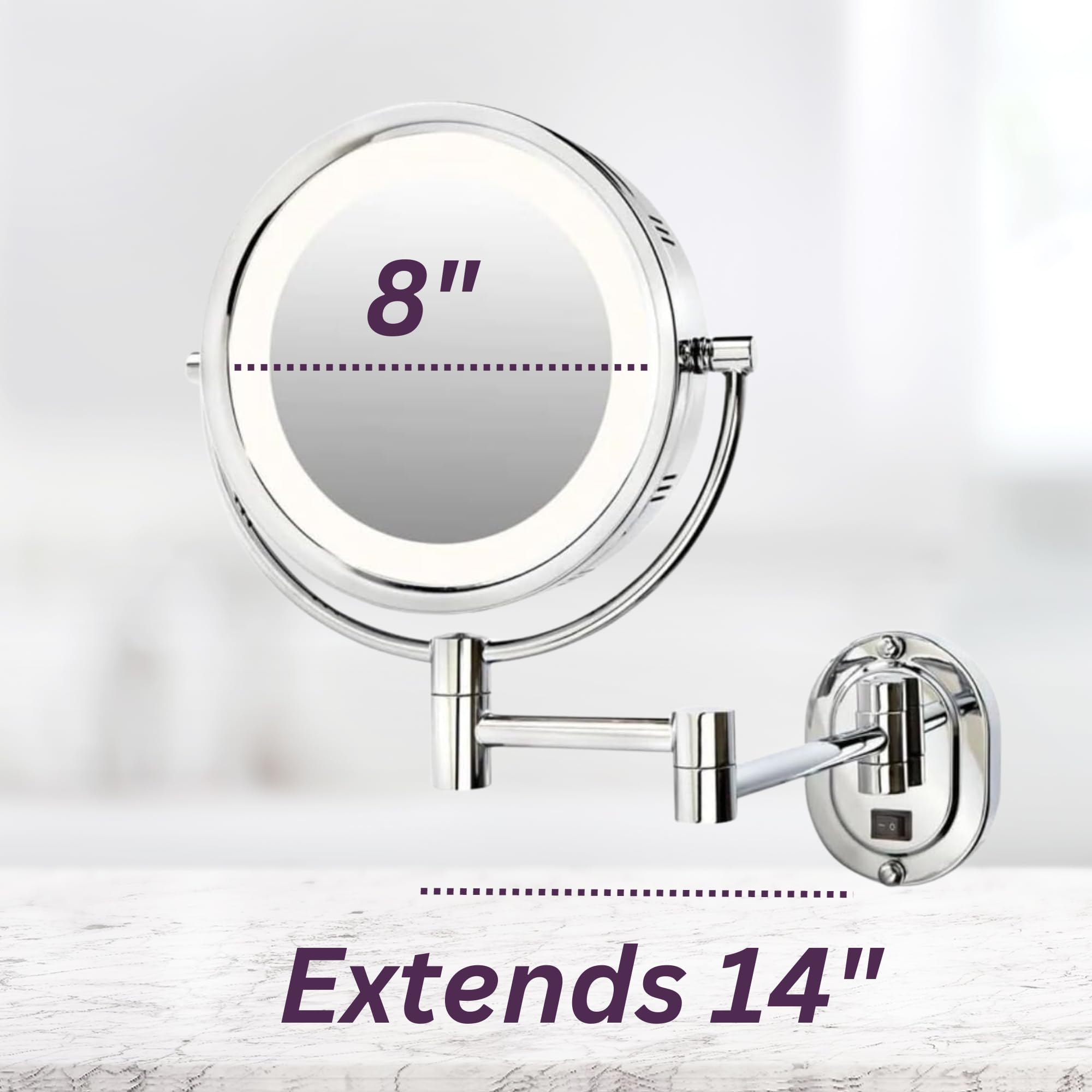 JERDON Wall-Mounted Chrome LED Makeup Mirror with 5X-1X Magnification & 14