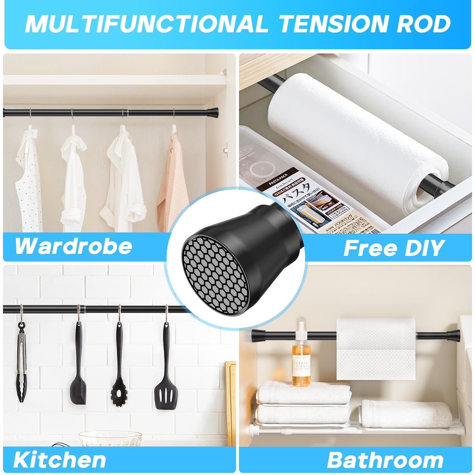 Adjustable Tension Rod 18-28 Inch - No Drill Black Spring Curtain Rod for Bookshelf, Kitchen, Cupboard, Bathroom & Wardrobe (2 Pack) - Perfect for DIY Projects, Window Treatments & Space Organization