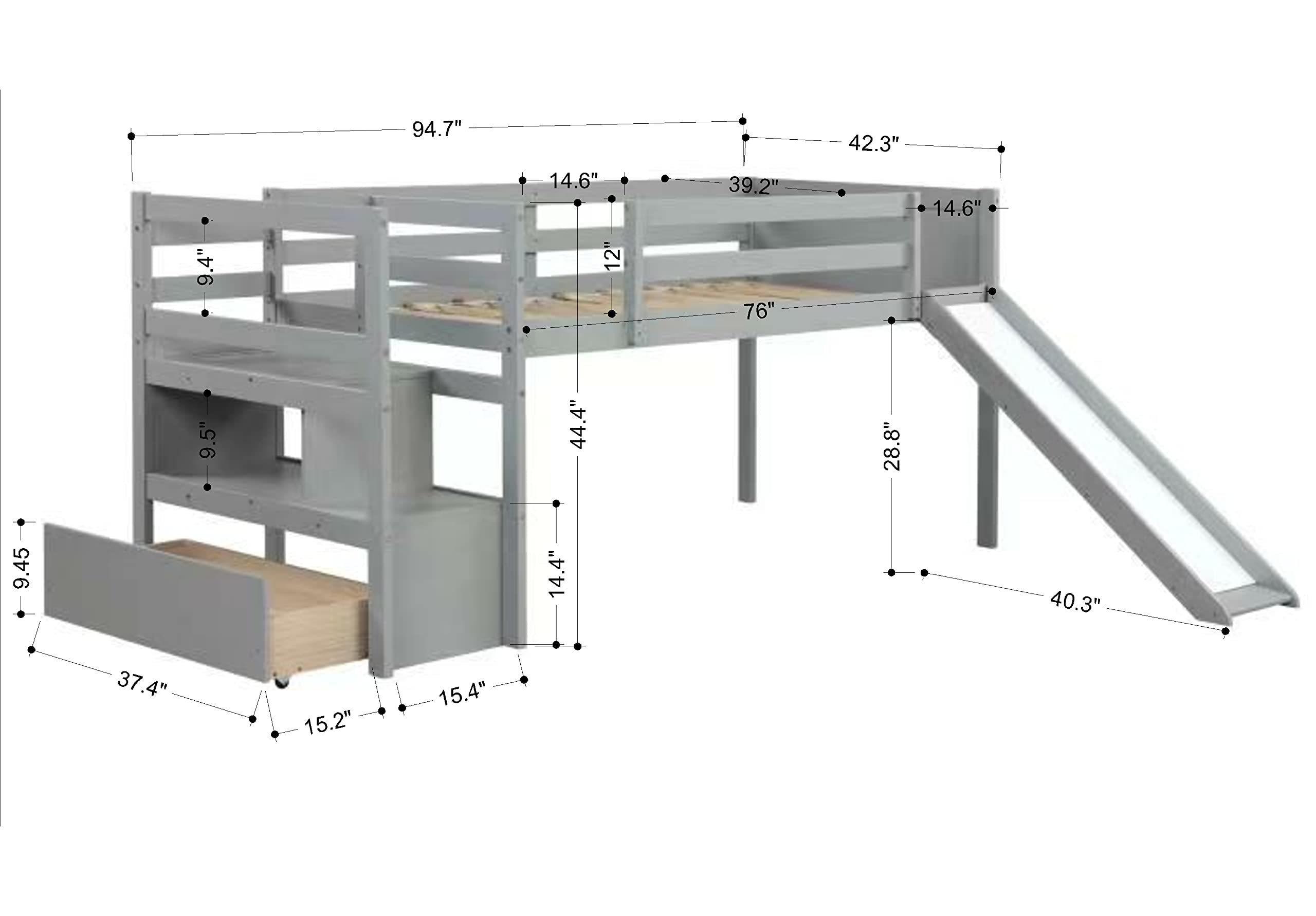 Harper & Bright Designs Low Loft Bed with Slide & Drawers - Twin Size Wood Loft Bed Frame with Storage Shelf, Stairs & Safety Rail - Kids Bed for Toddlers, Teens - No Box Spring Needed - Grey - Perfect for Small Rooms & Play Areas