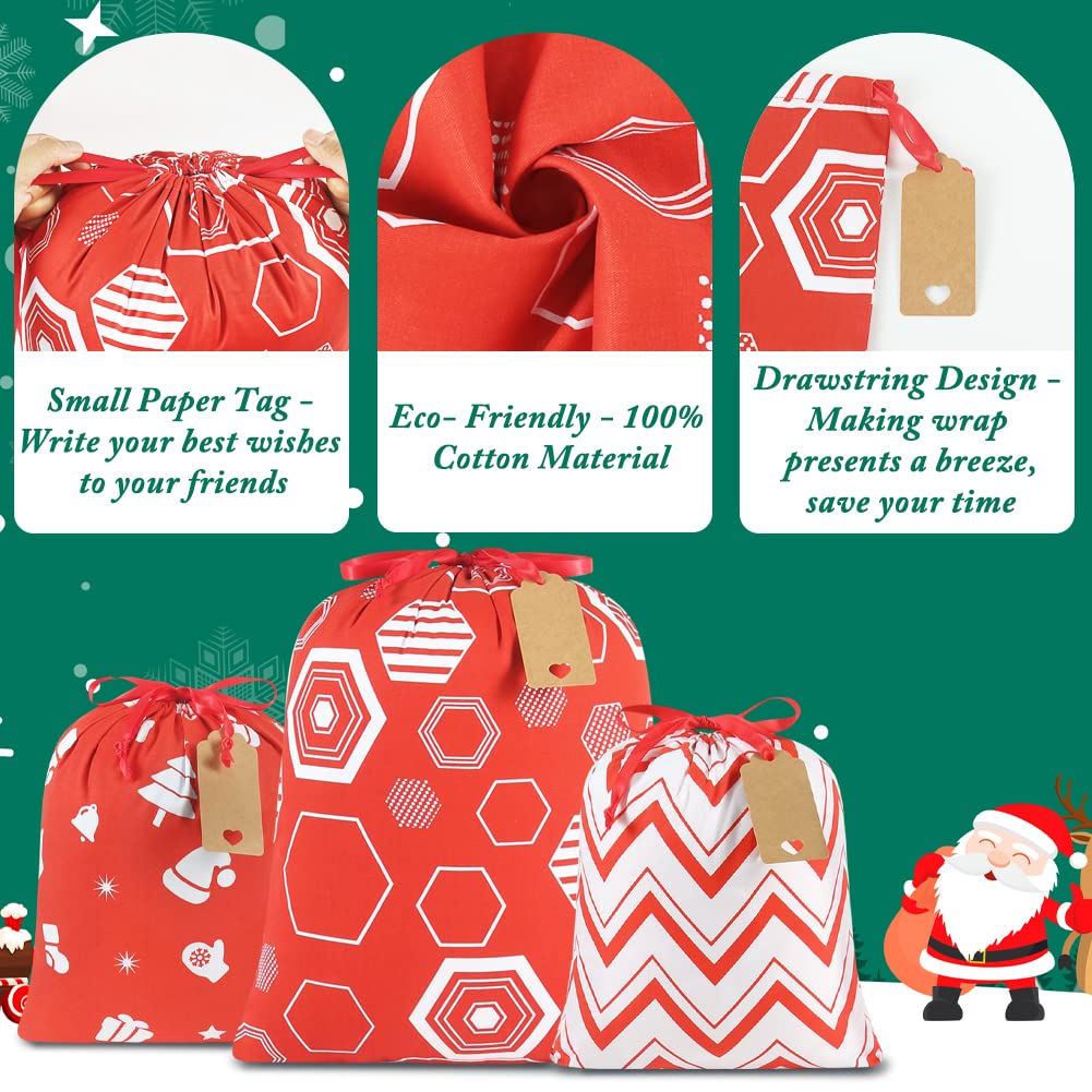 YQL Christmas Gift Bags Set - 6PCS Reusable Fabric Holiday Gift Bags in Assorted Sizes for Xmas Presents, Stocking Stuffers & Party Favors