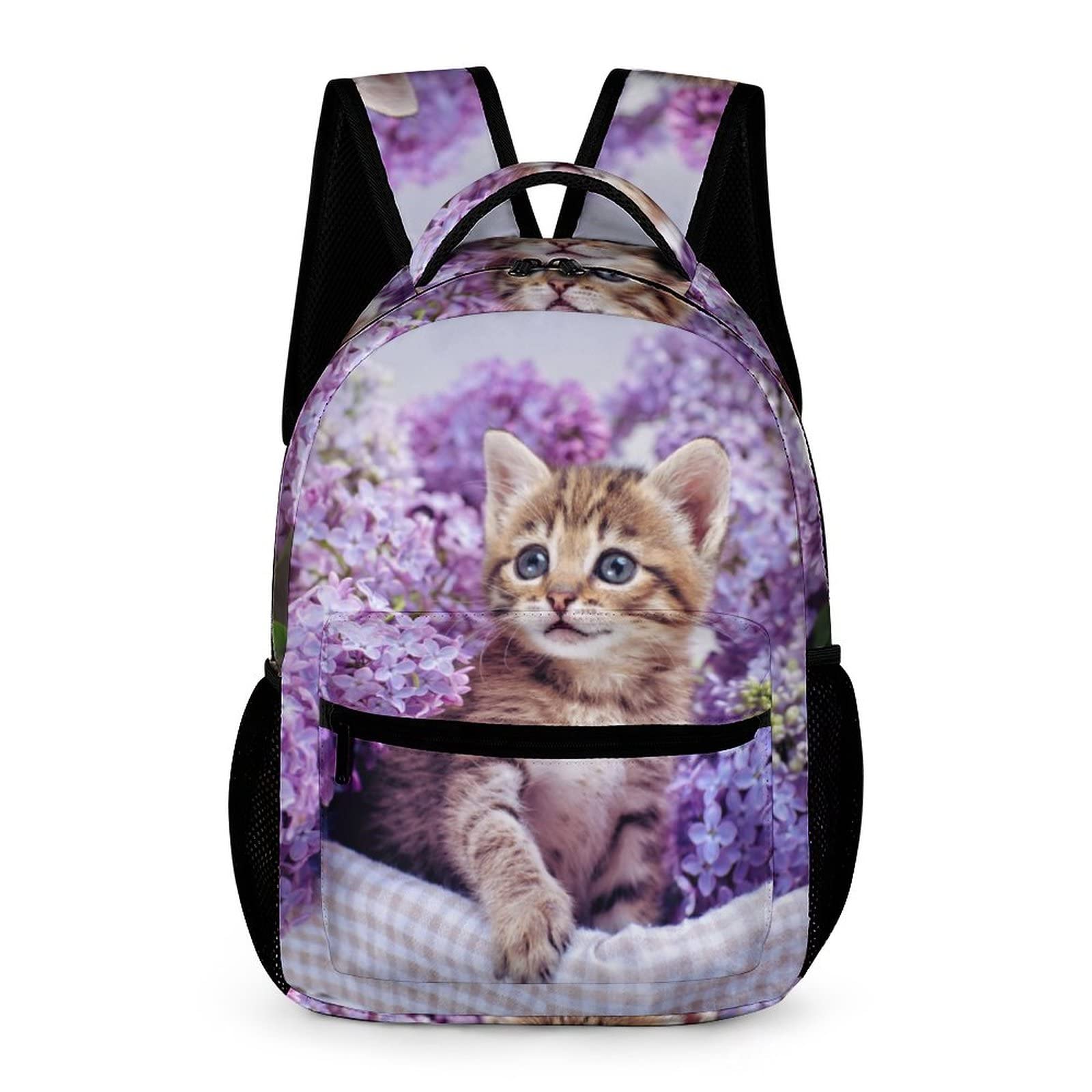 Cute Kitten Purple Flower Kids Backpack for School - Durable Bookbag for Boys & Girls - Perfect for Elementary Students, Daycare & Travel Accessories