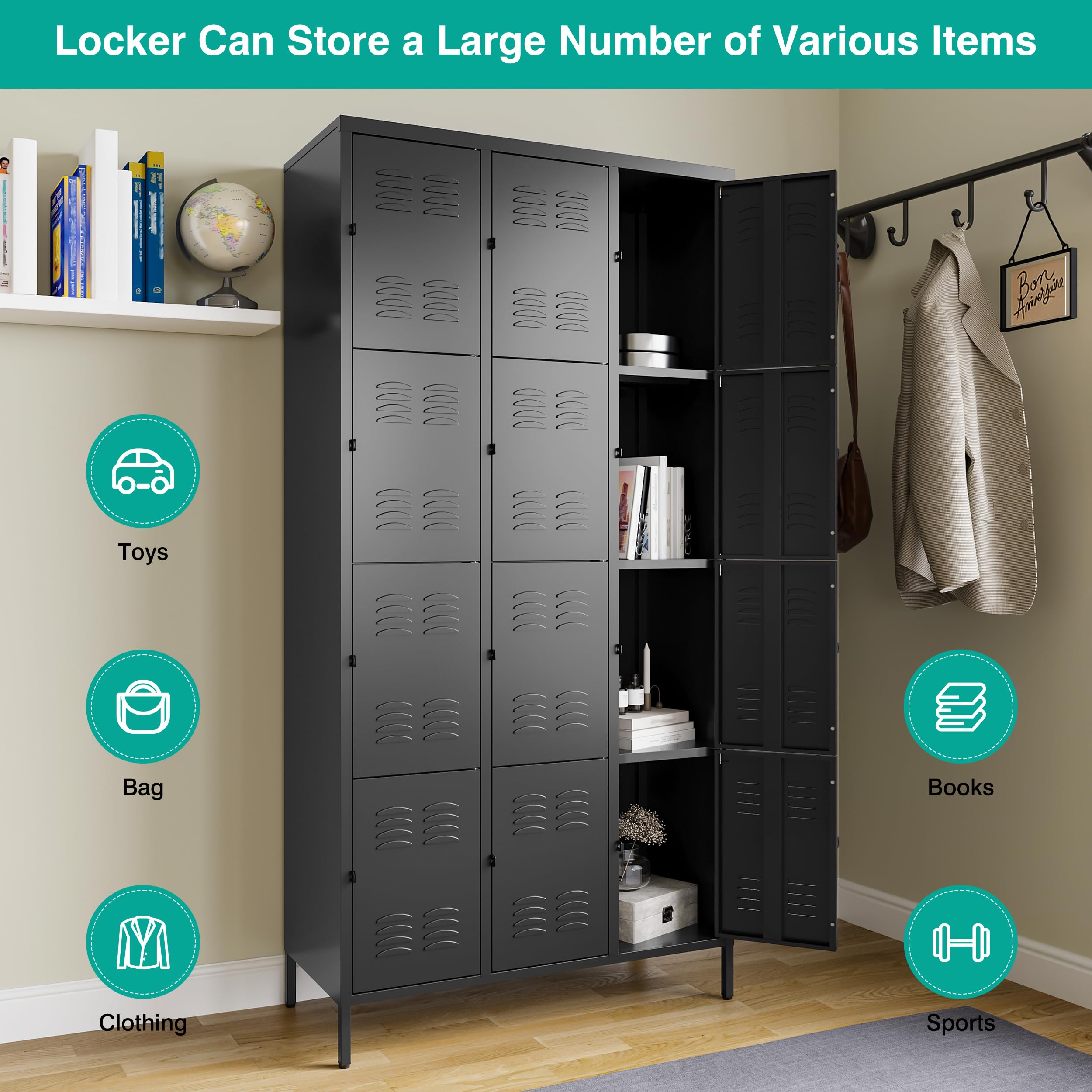 12-Door Black Steel Metal Lockers for Employees - Heavy Duty Lockable Storage with Shelf, Ideal for Gym, School & Workplace Organization