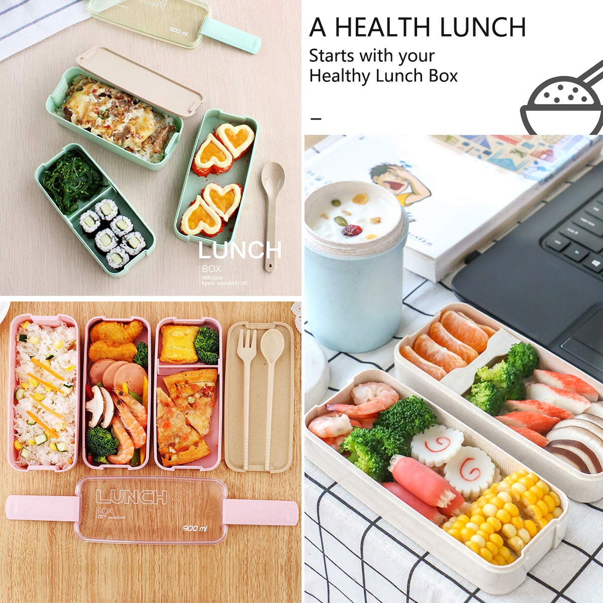 Japanese Bento Box Lunch Box - 3-in-1 Compartment Reusable Meal Prep Container with Fork & Spoon (Pink) | Perfect for Office Lunch, School Meals & Picnics