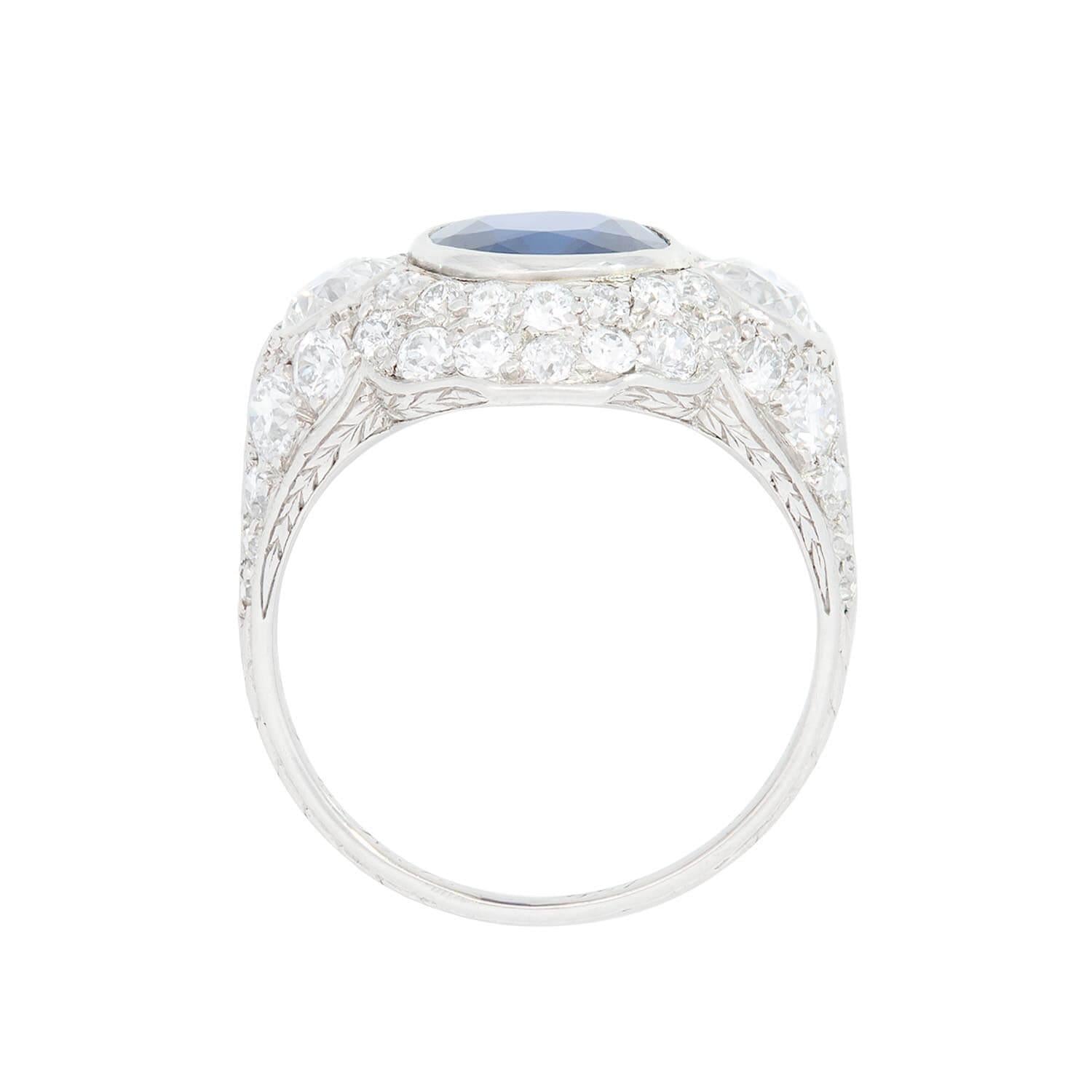Tiffany & Co. Art Deco Platinum Sapphire and Diamond Statement Ring - Vintage Luxury Jewelry for Women, Engagement & Anniversary Gift - Perfect for Weddings, Parties & Special Occasions