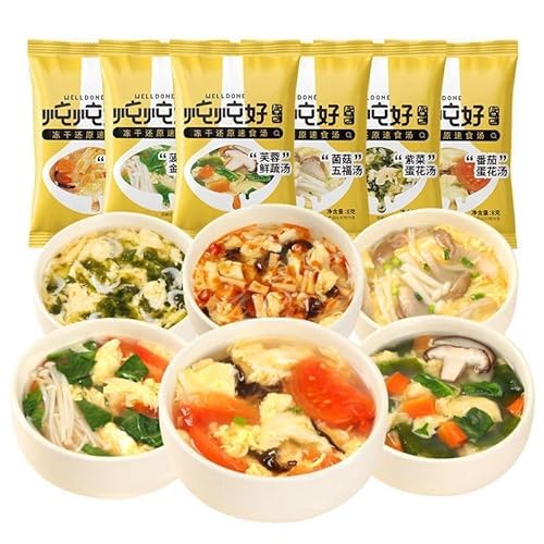 Freeze Dried Instant Vegetable Soup Mix (30 Packs) - Healthy Breakfast, Chinese Sour & Spicy Tomato & Seaweed Soup - Quick Meal, Camping Food, Office Lunch & Thoughtful Gift Idea