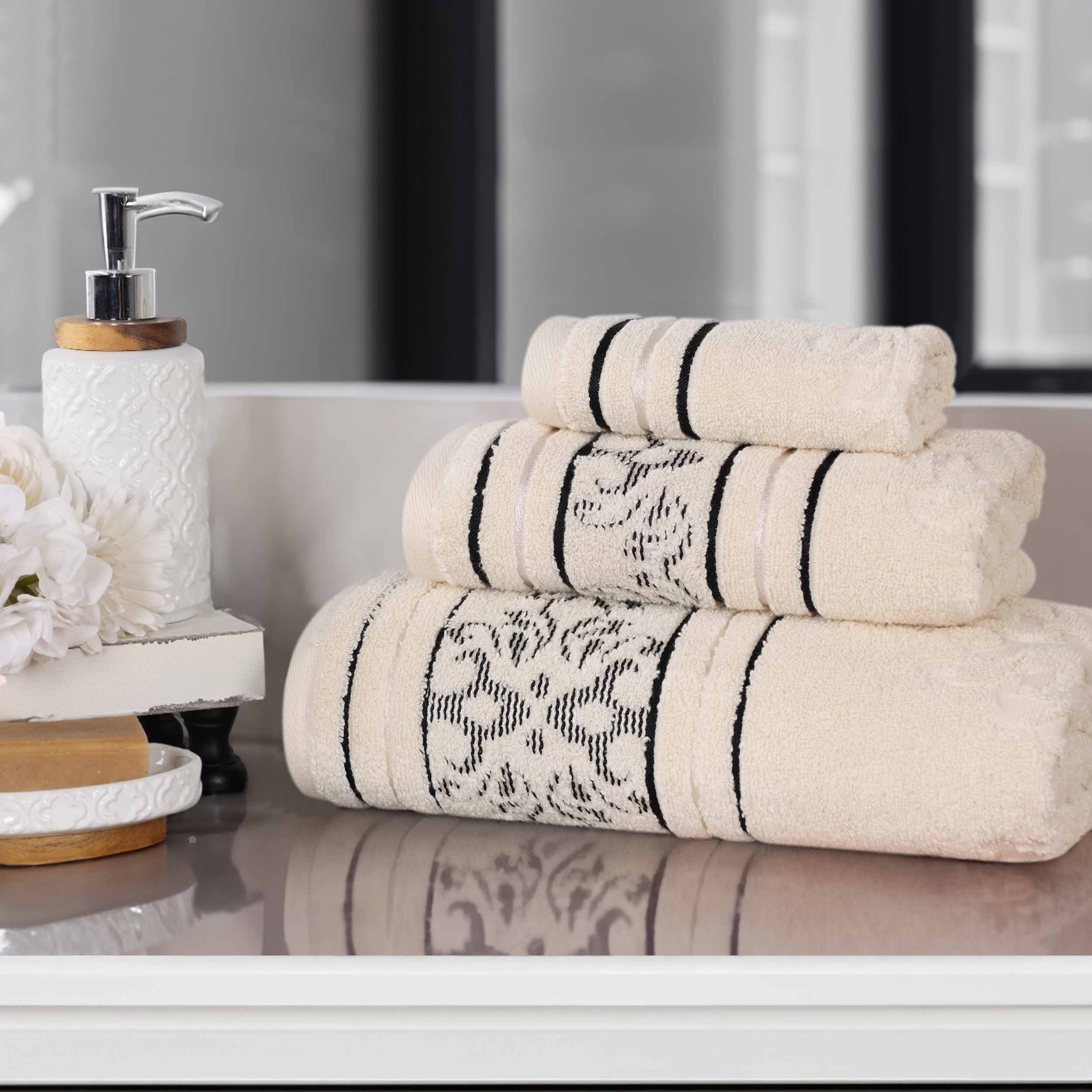 Premium 3-Piece Jacquard Towel Set - 100% Zero Twist Cotton with Elegant Floral Design - Ultra Soft & Absorbent Bath Towels for Spa, Guest Bathroom & Luxury Home Decor