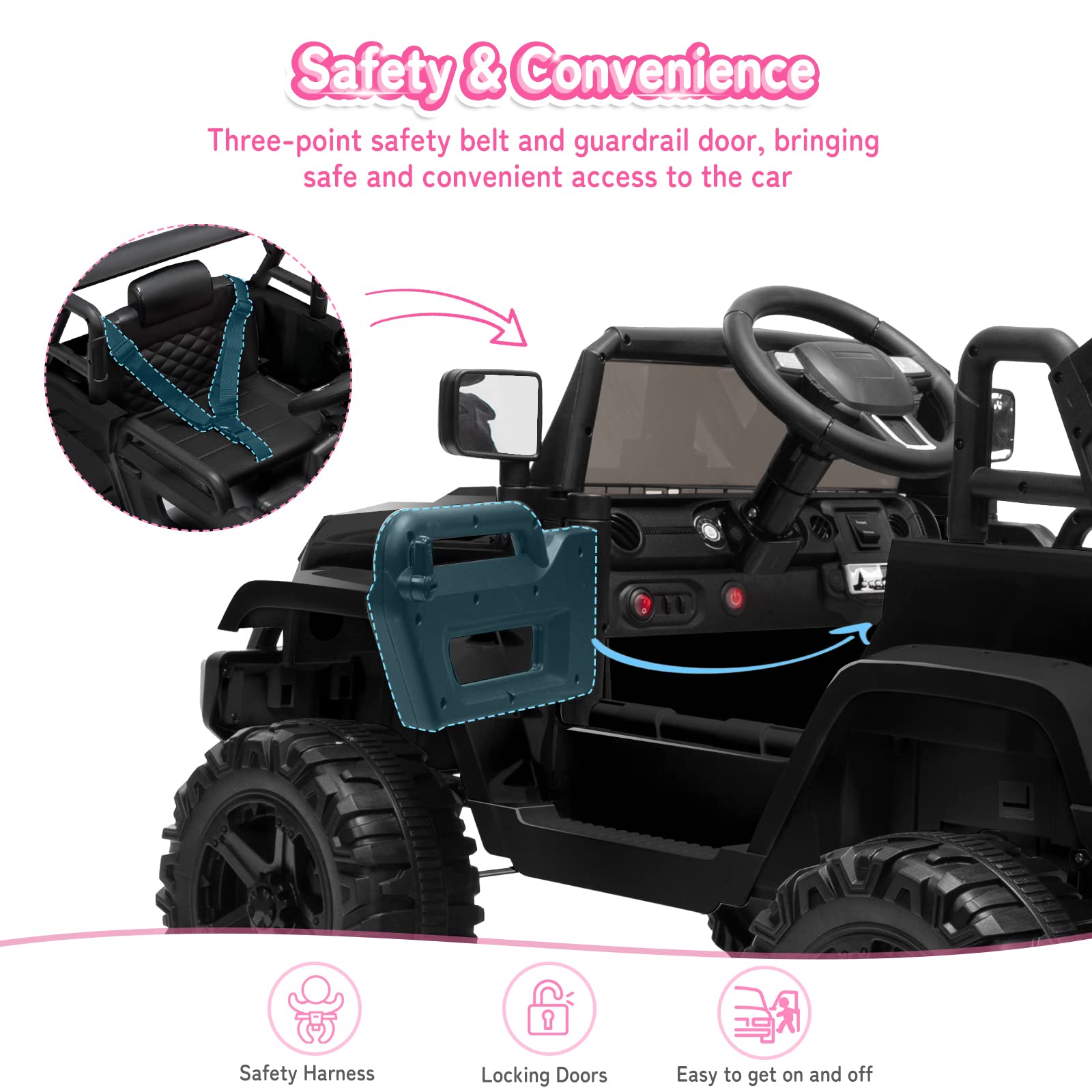 JOYMOR 12V Battery Powered Ride On Truck with Remote Control - 4 Wheels Kids Car with LED Headlights, Horn Button, MP3 Player & USB Port - Forward/Backward Function - Perfect Gift for Boys & Girls (Black) - Ideal for Indoor Play, Outdoor Driveways & Birthday Parties
