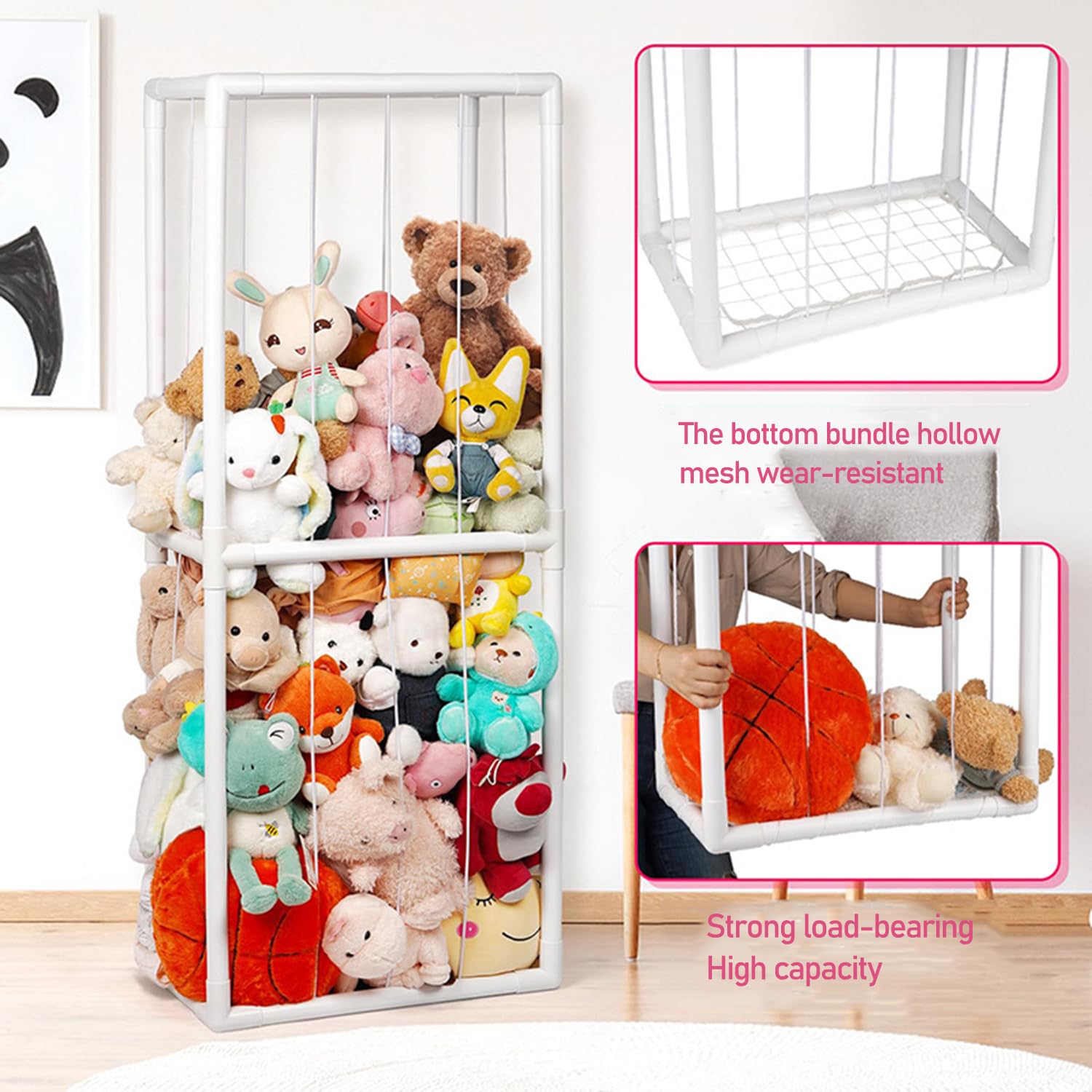 Bubinblau Stuffed Animal Storage Organizer with Elastic Band - Plush Toy Zoo Cage & Creative Doll Storage Rack with Bottom Net - White Kids Room Organizer for Bedroom, Nursery, or Playroom Decor
