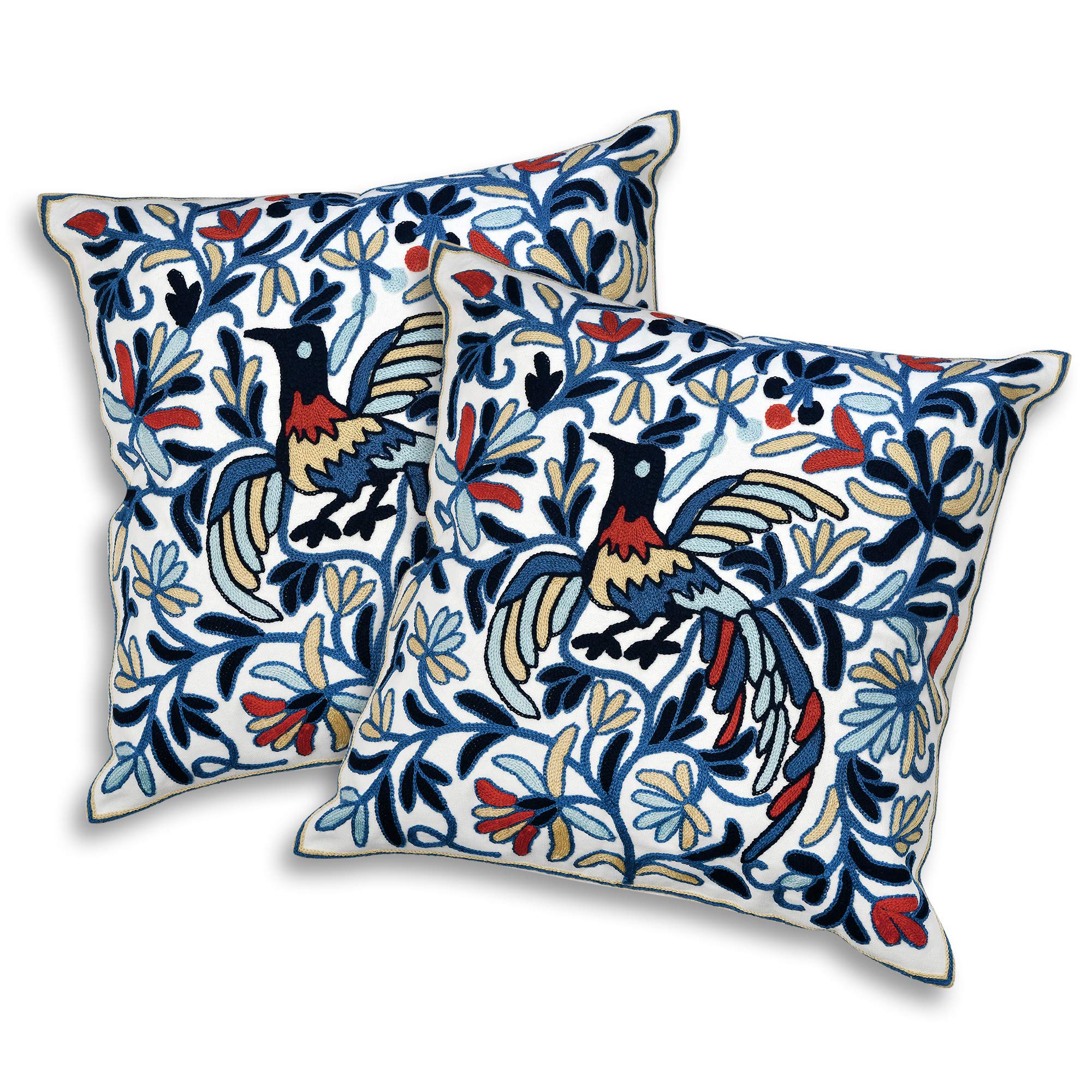 AeraVida 2-Pack Abstract Peacock Floral Vine Embroidered Throw Pillow Covers 17.5x17.5 Inch - Bohemian Home Decor for Sofa, Couch, Bedroom & Living Room Accent