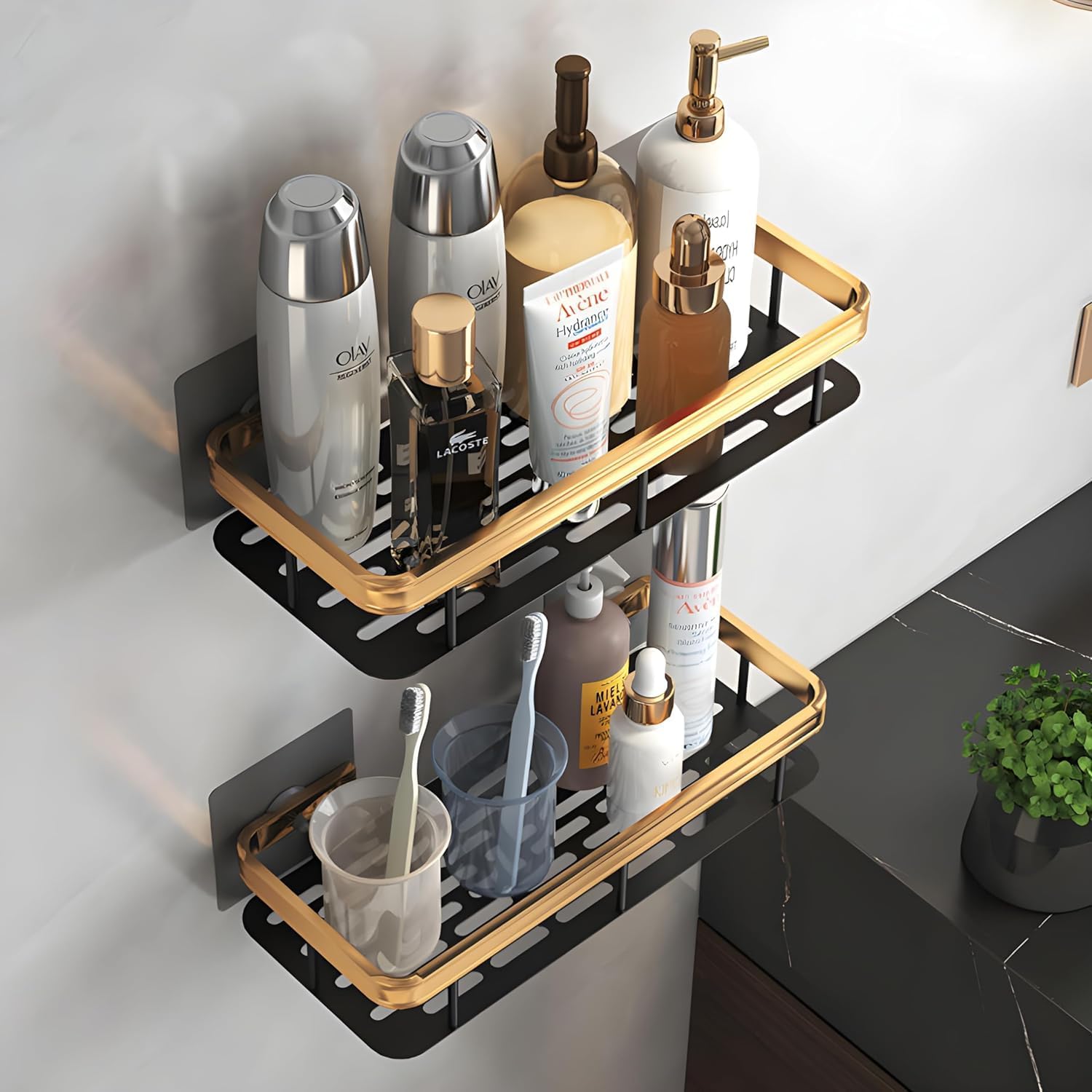 Multipurpose Self-Adhesive Aluminum Bathroom Wall Shelf Organizer - Gold (2 Pack) | Space-Saving Storage Rack for Bathroom, Kitchen, Office & Dorm | Holds Toiletries, Cosmetics, Spices & Office Supplies