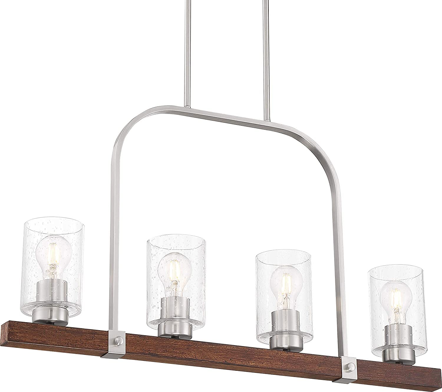 NUVO 60/6967 Arabel Island 4-Light Pendant Light Fixture - Brushed Nickel & Nutmeg Wood Finish with Clear Seeded Glass - Perfect for Kitchen Island, Dining Room, or Entryway Lighting